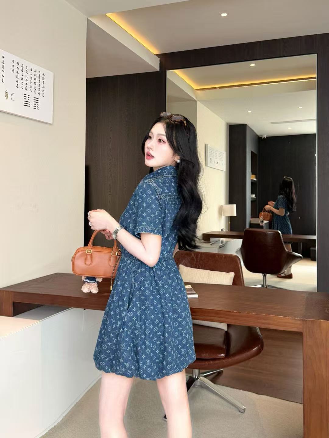 LVラペルプリントデニムドレス【50％割引+送料無料】