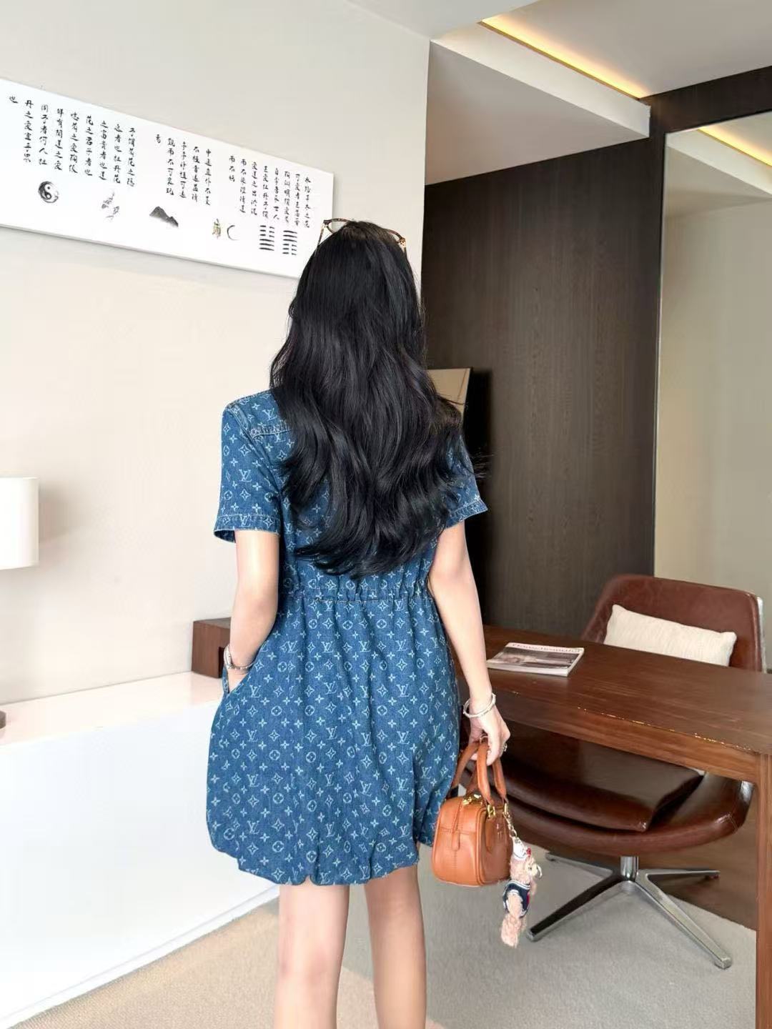 LVラペルプリントデニムドレス【50％割引+送料無料】