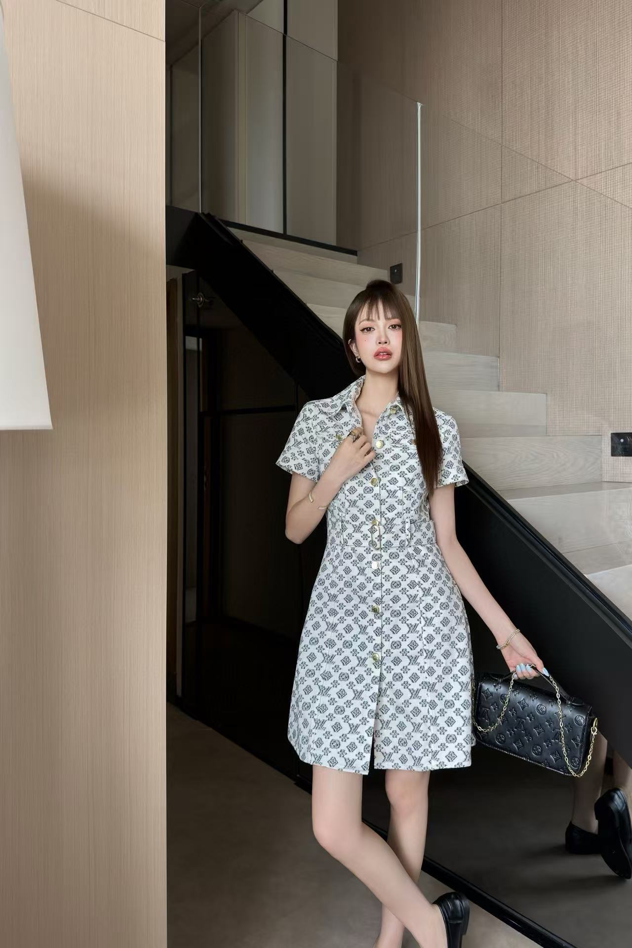 LVデニムプリント半袖ドレス【50%割引+送料無料】