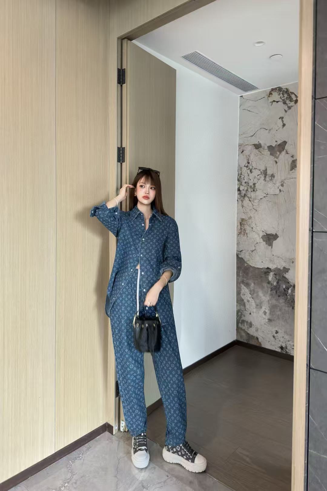 LVデニムシャツ＋パンツのツーピースセット【50％割引+送料無料】