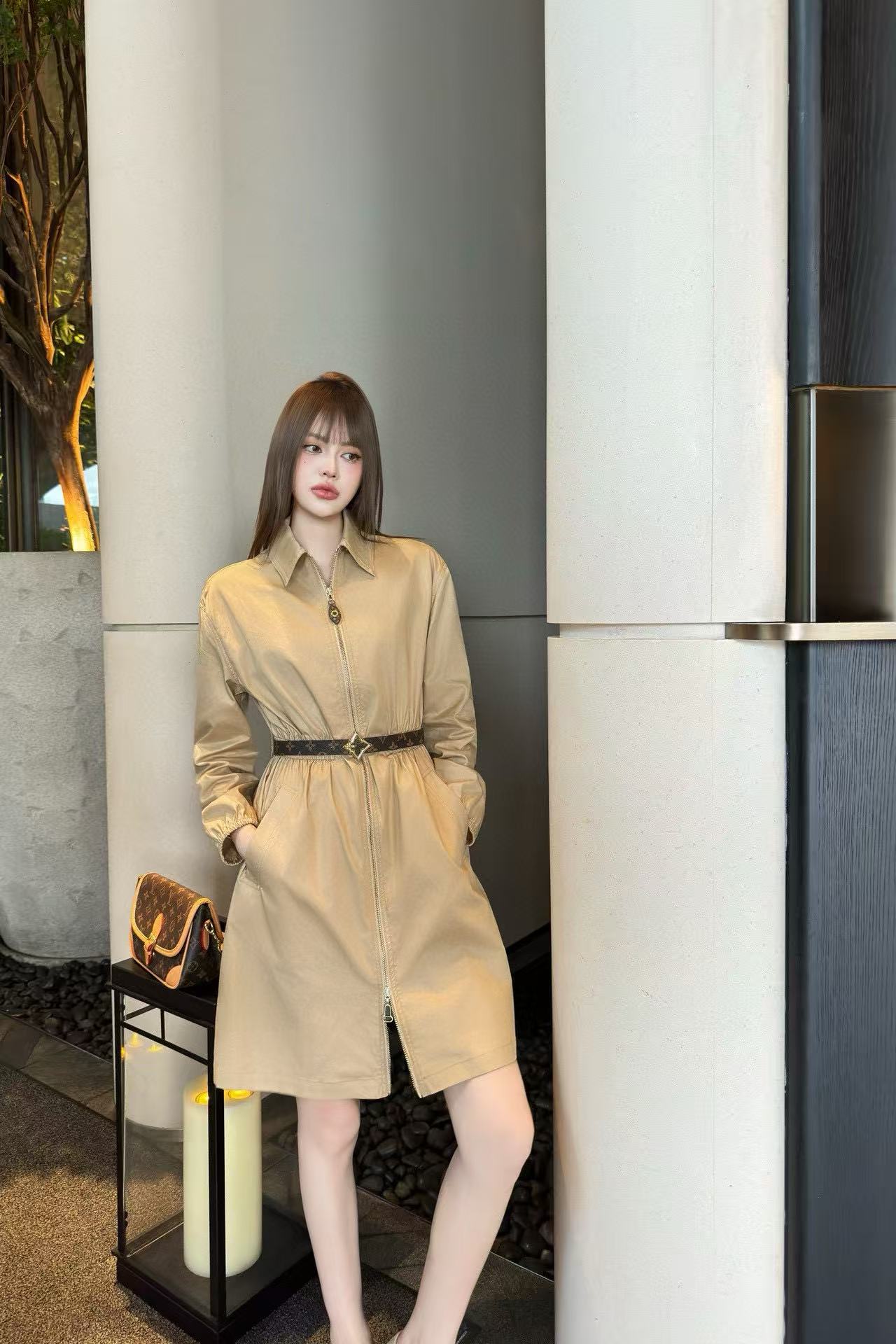 LVラペルジッパー長袖ドレス【50％割引+送料無料】