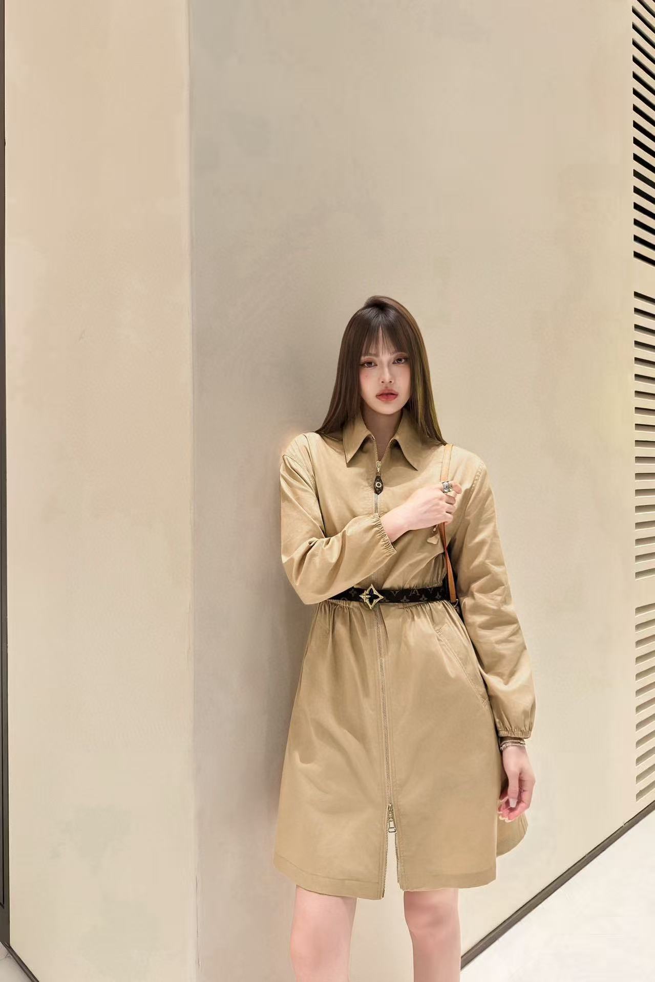 LVラペルジッパー長袖ドレス【50％割引+送料無料】