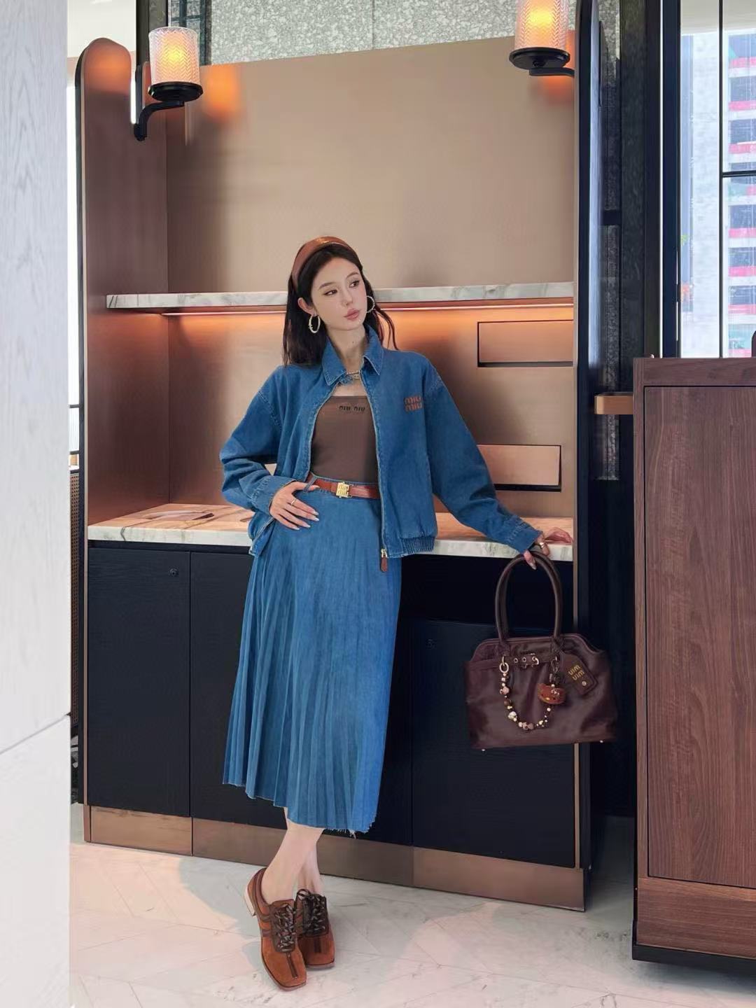 M1UM1U シンプルデニムジャケット＋スカートのツーピースセット【50％割引+送料無料】