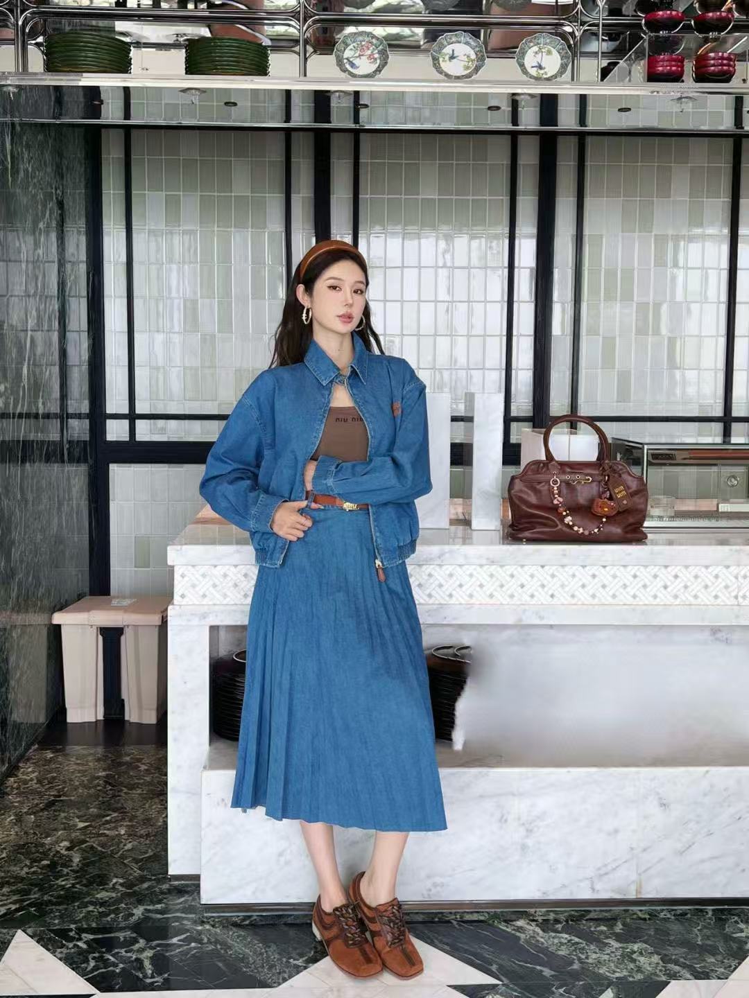 M1UM1U シンプルデニムジャケット＋スカートのツーピースセット【50％割引+送料無料】