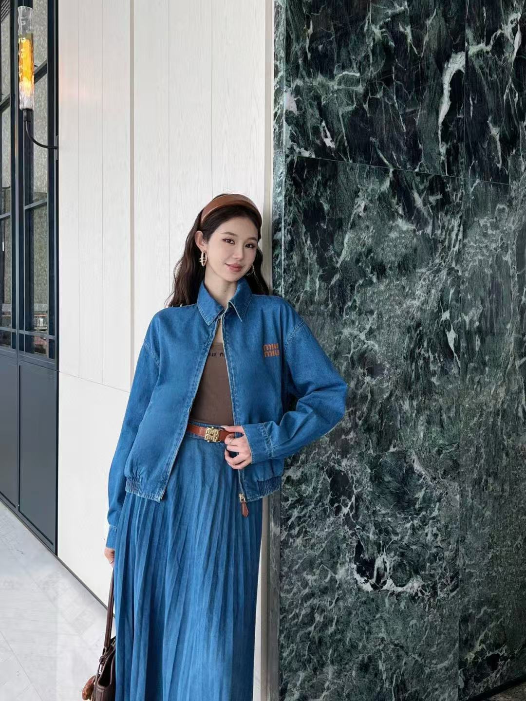 M1UM1U シンプルデニムジャケット＋スカートのツーピースセット【50％割引+送料無料】