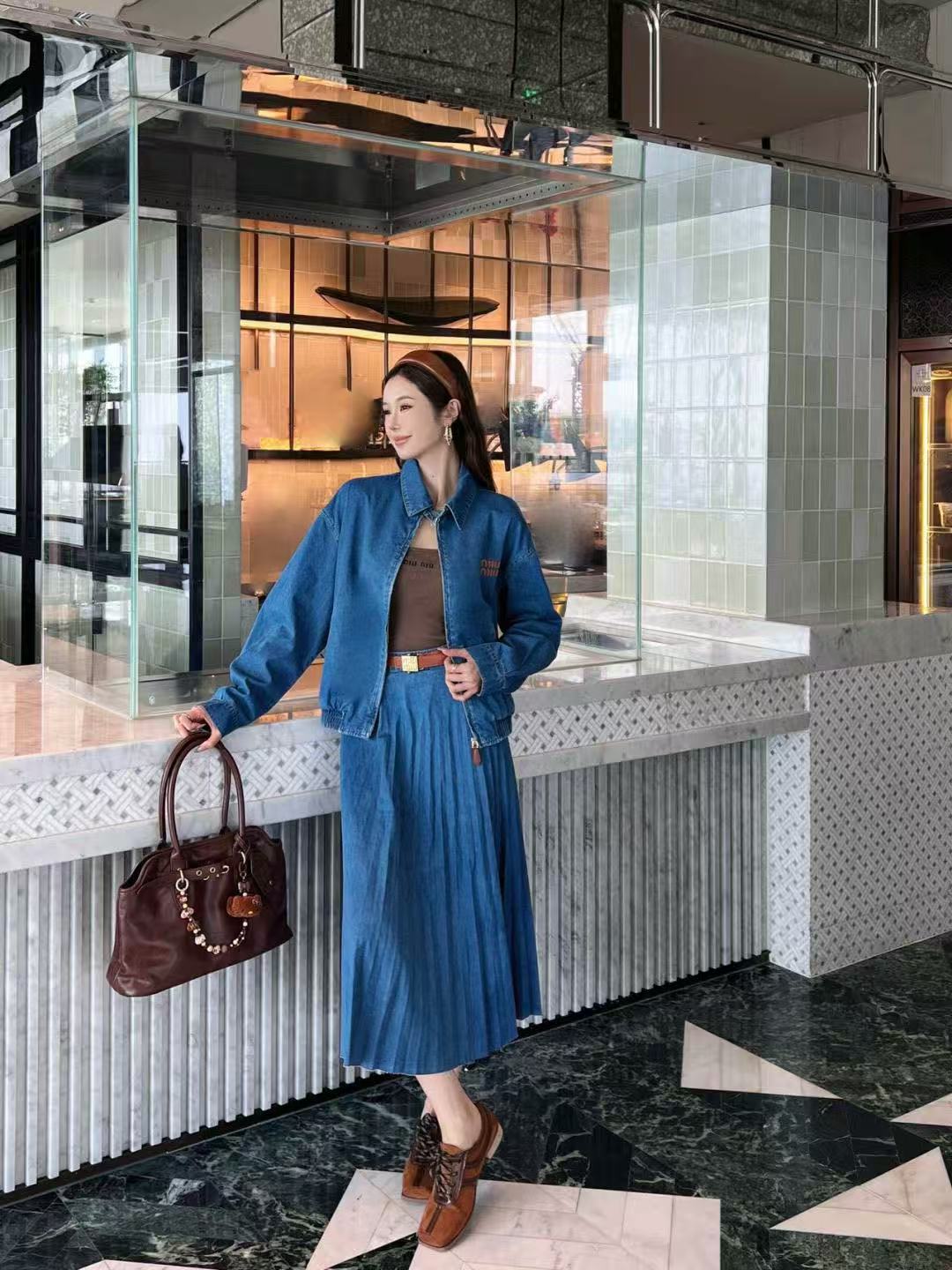 M1UM1U シンプルデニムジャケット＋スカートのツーピースセット【50％割引+送料無料】