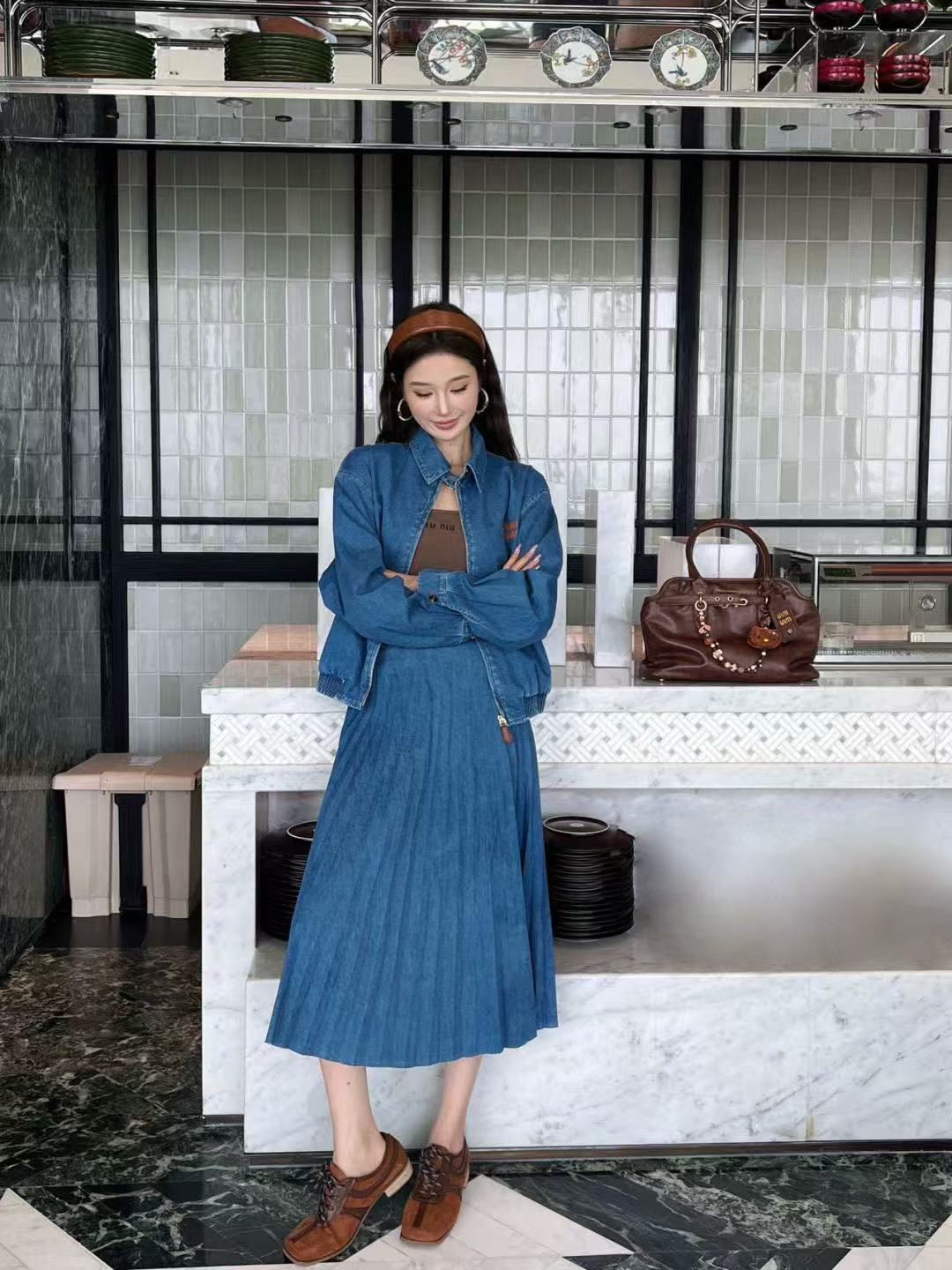 M1UM1U シンプルデニムジャケット＋スカートのツーピースセット【50％割引+送料無料】