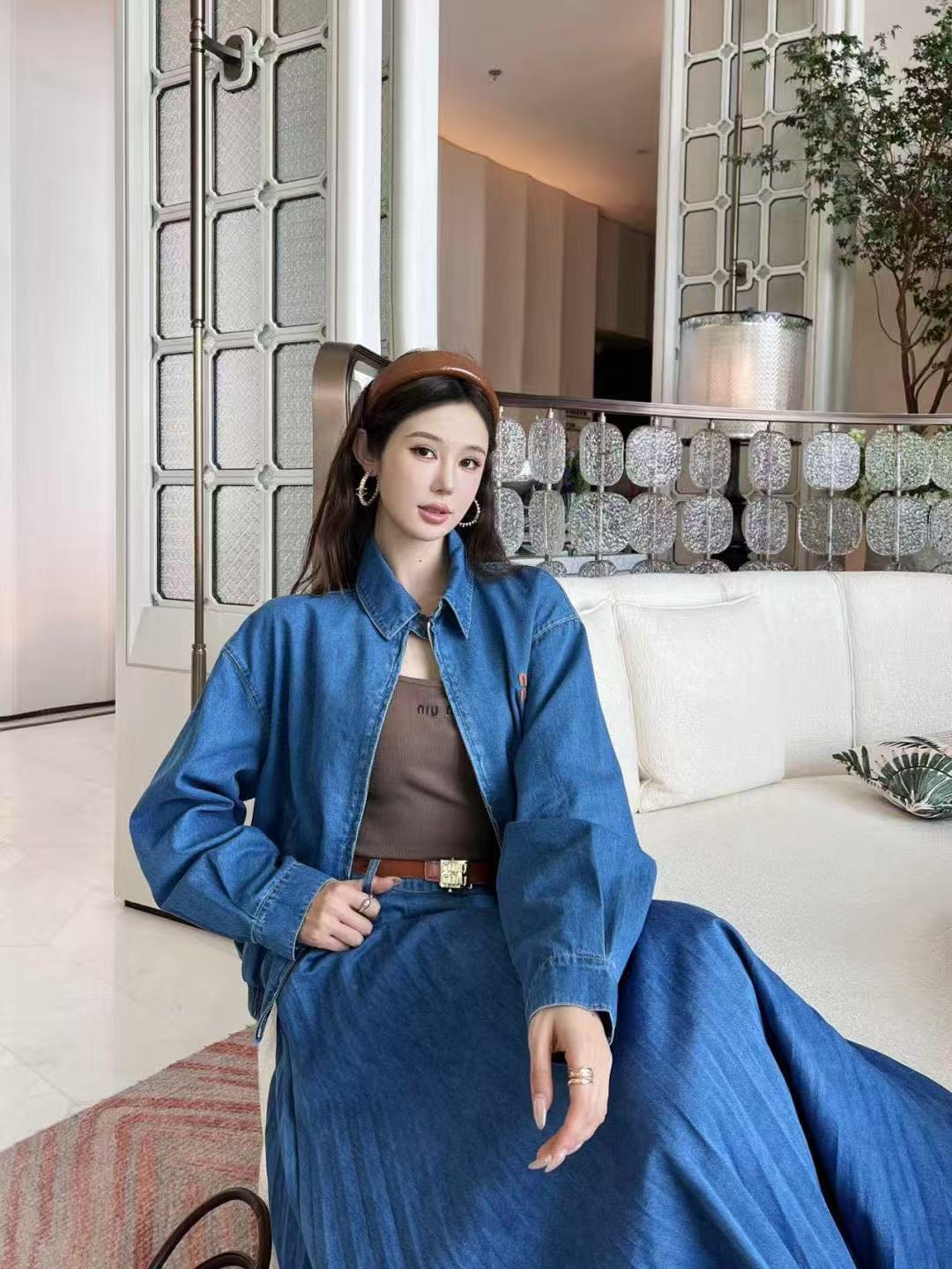 M1UM1U シンプルデニムジャケット＋スカートのツーピースセット【50％割引+送料無料】