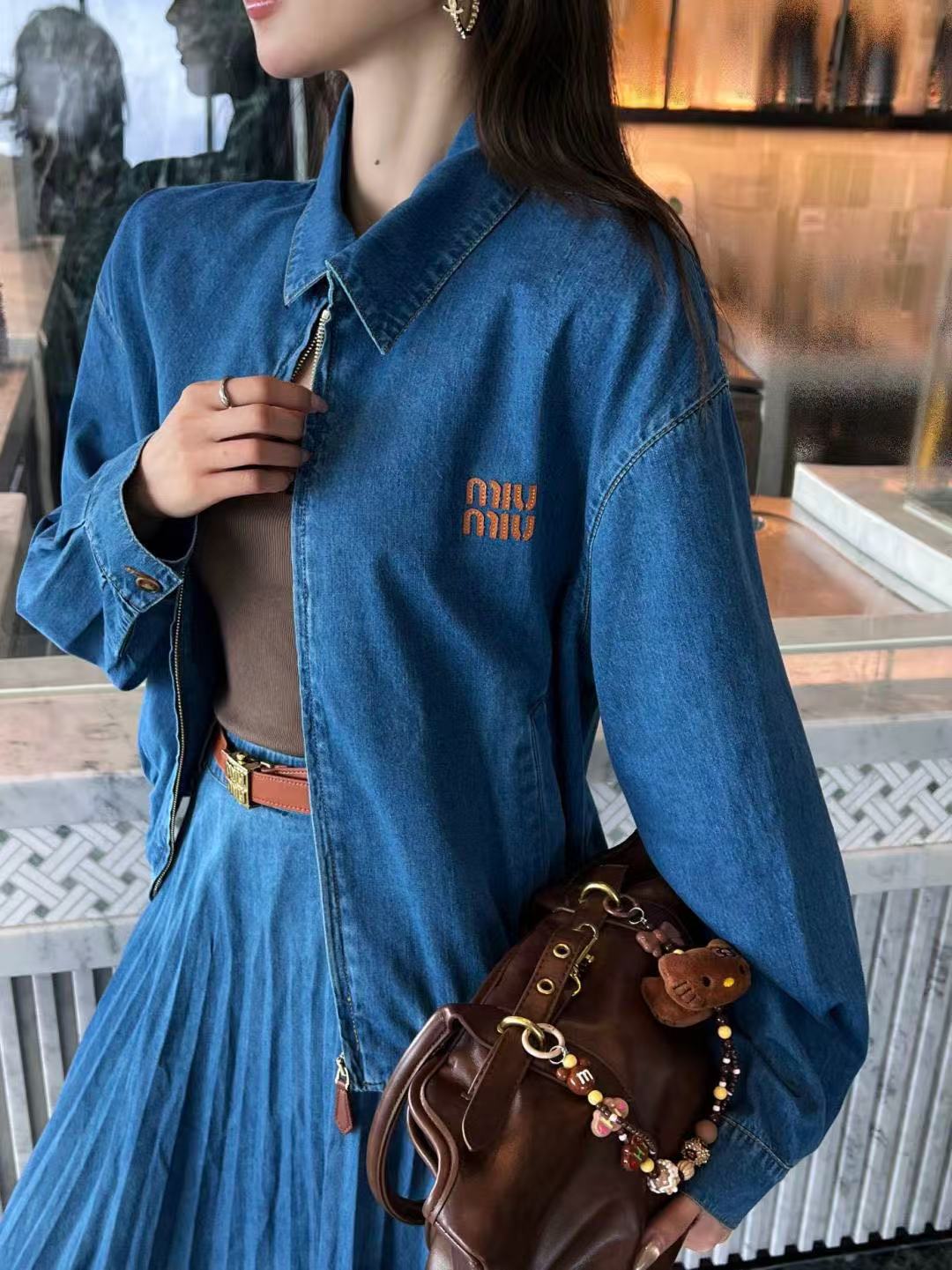 M1UM1U シンプルデニムジャケット＋スカートのツーピースセット【50％割引+送料無料】