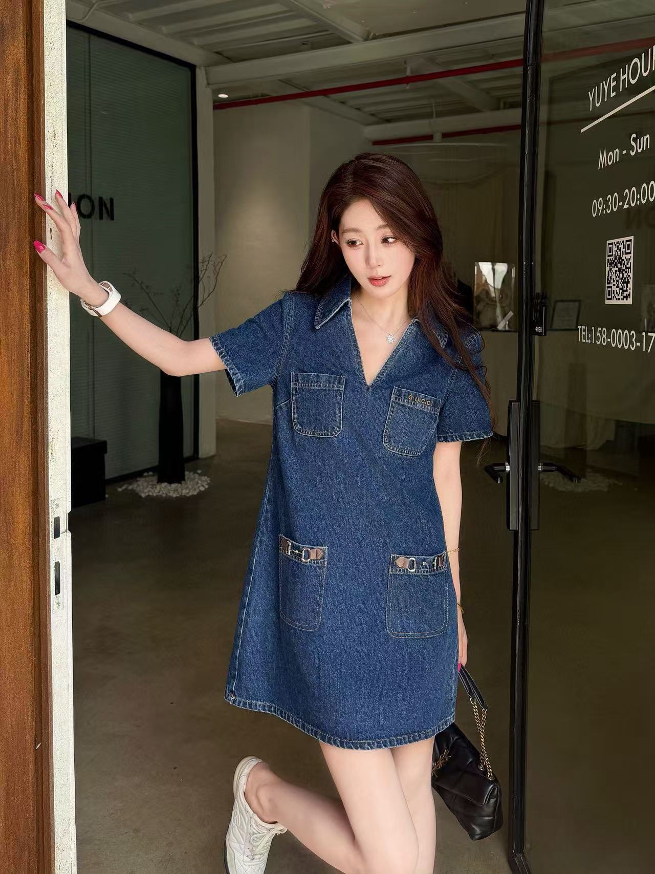 GUCC1 4ポケット Vネック デニムドレス【50％割引+送料無料】