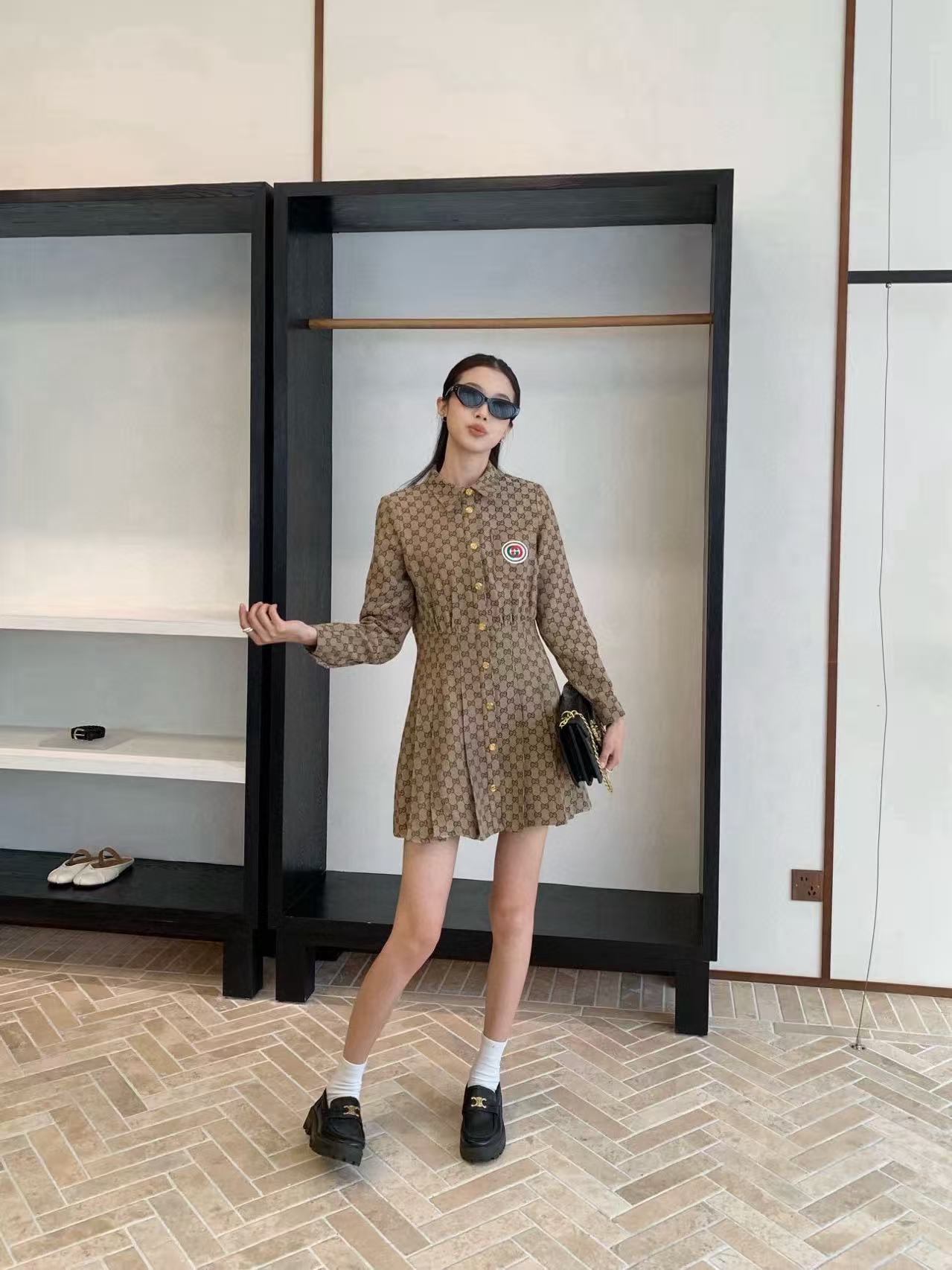 GUCC1 ジャカードラペル ロングスリーブ ドレス【50％割引+送料無料】