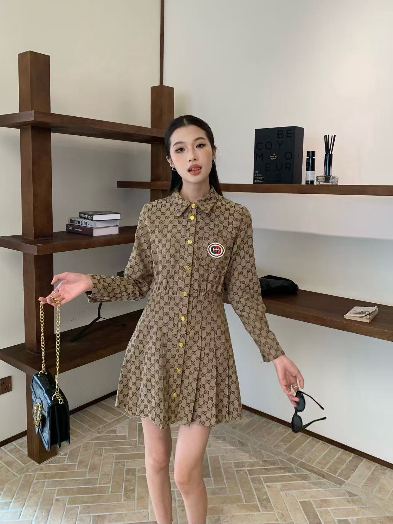 GUCC1 ジャカードラペル ロングスリーブ ドレス【50％割引+送料無料】