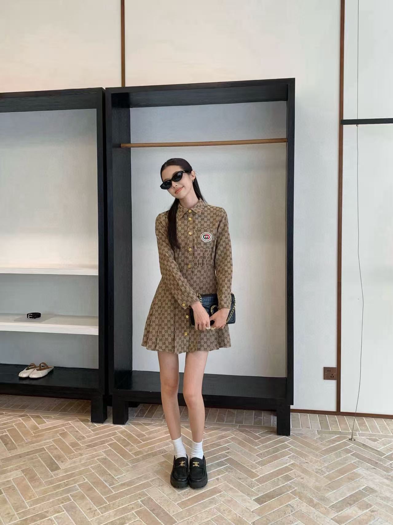 GUCC1 ジャカードラペル ロングスリーブ ドレス【50％割引+送料無料】