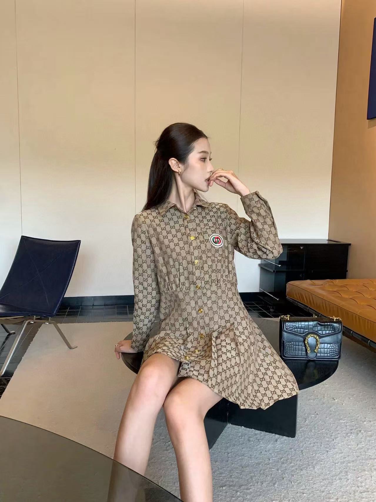 GUCC1 ジャカードラペル ロングスリーブ ドレス【50％割引+送料無料】