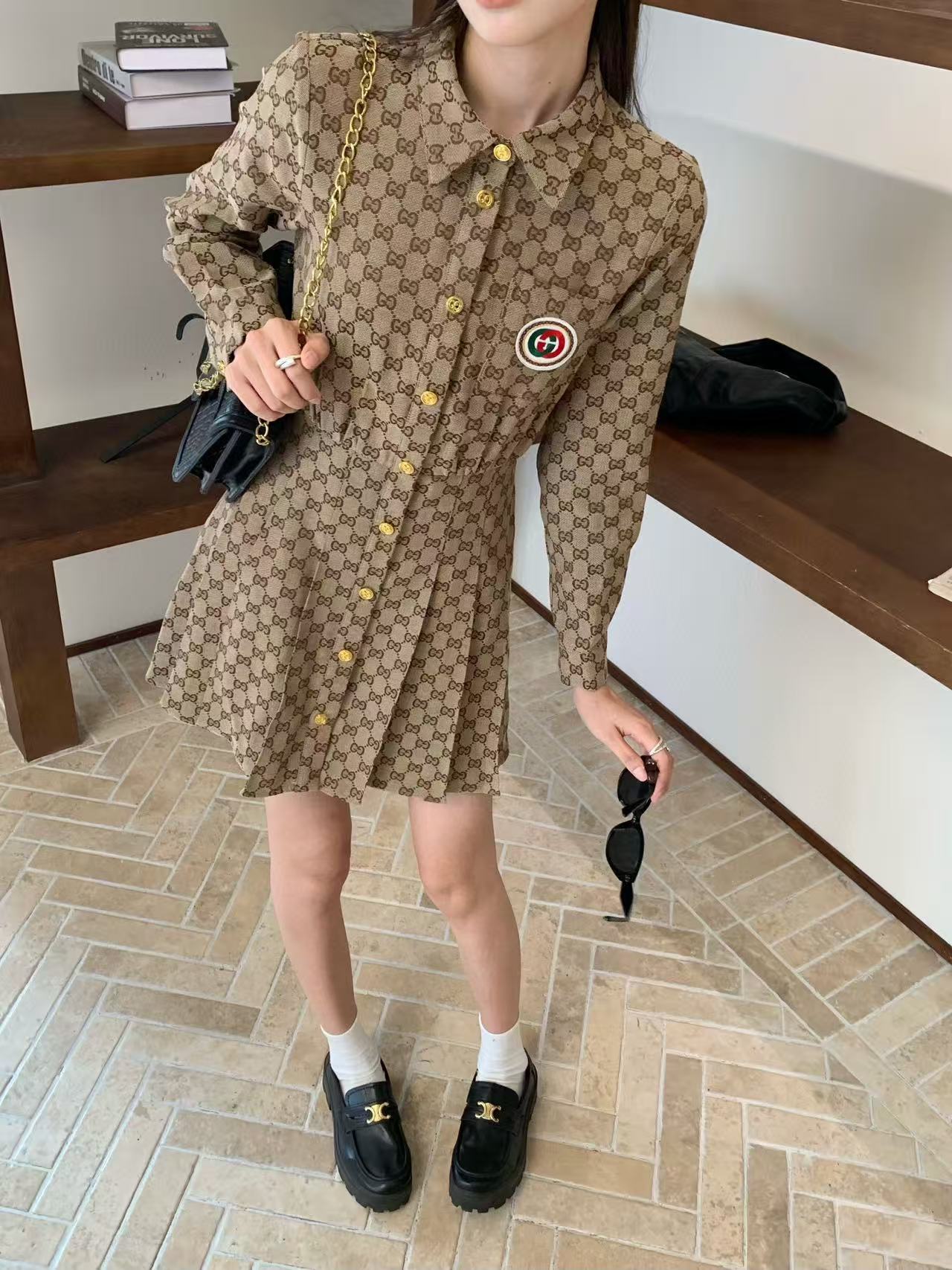 GUCC1 ジャカードラペル ロングスリーブ ドレス【50％割引+送料無料】