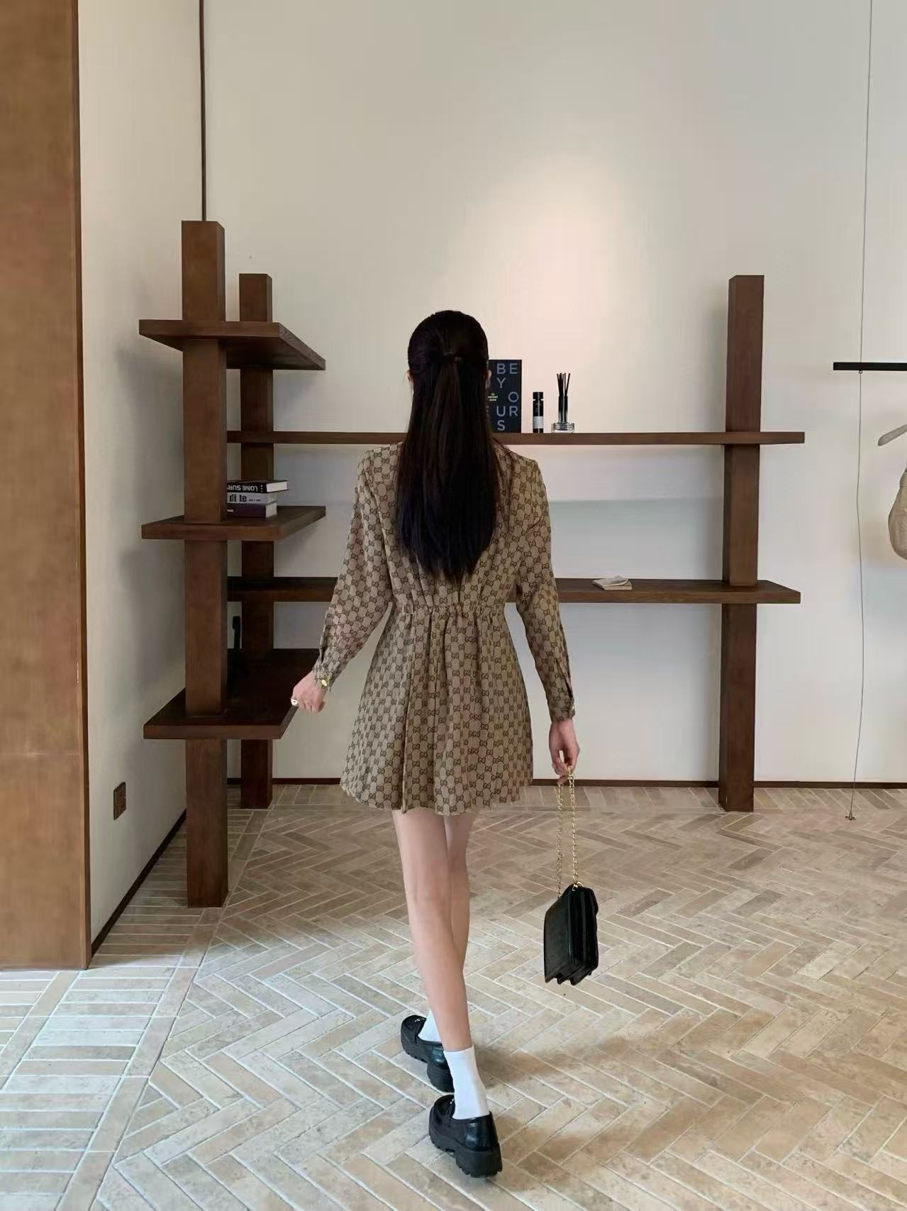 GUCC1 ジャカードラペル ロングスリーブ ドレス【50％割引+送料無料】