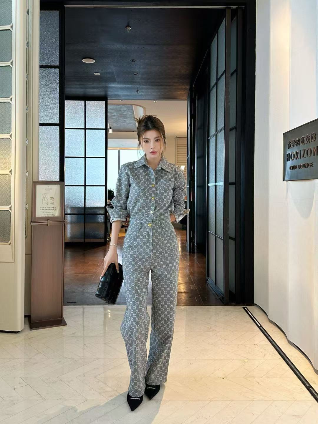 GUCC1 ジャカードデニムシャツ + パンツ ツーピースセット【50％割引+送料無料】