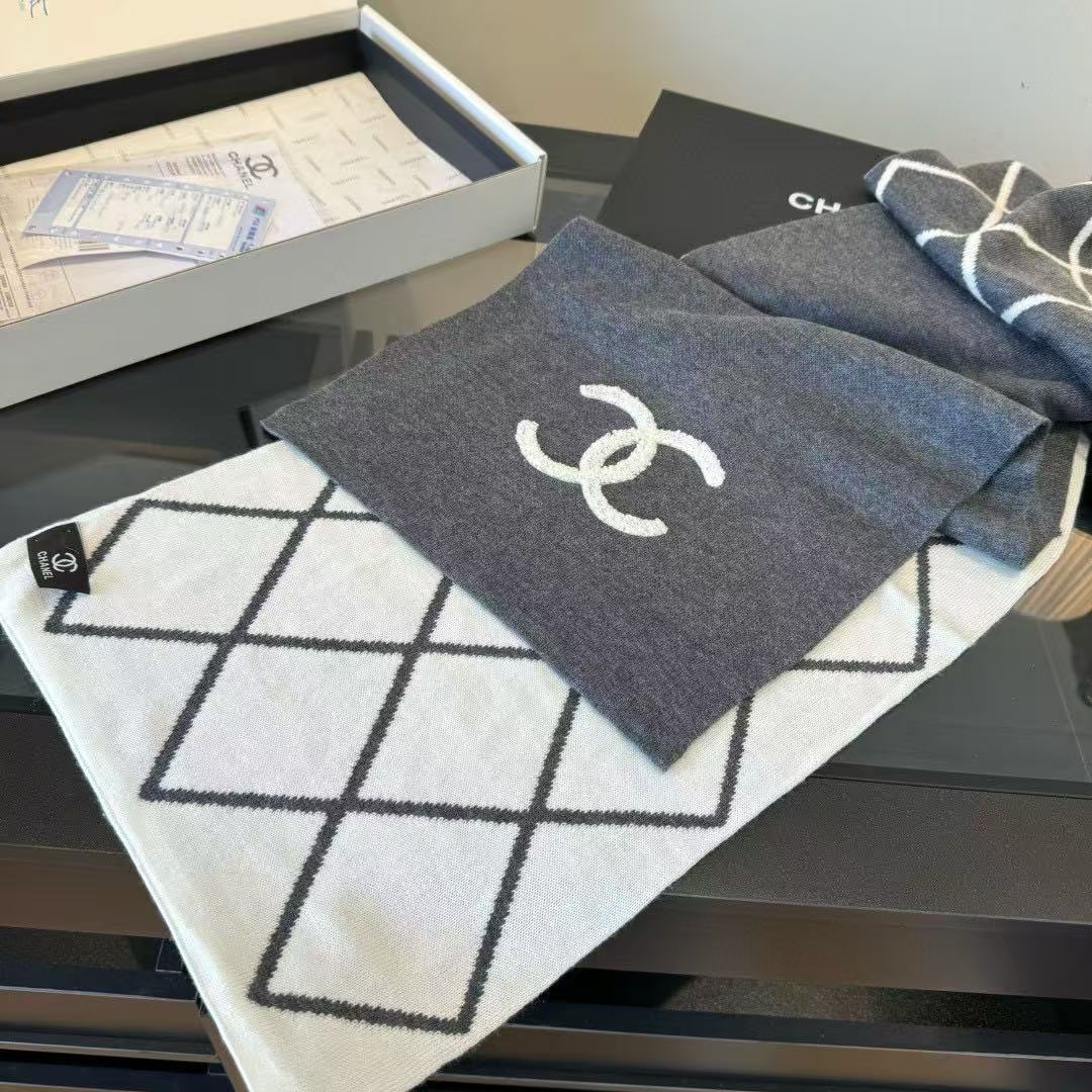 CHANE1 ダブルC チェック柄ウールスカーフ【50％割引+送料無料】