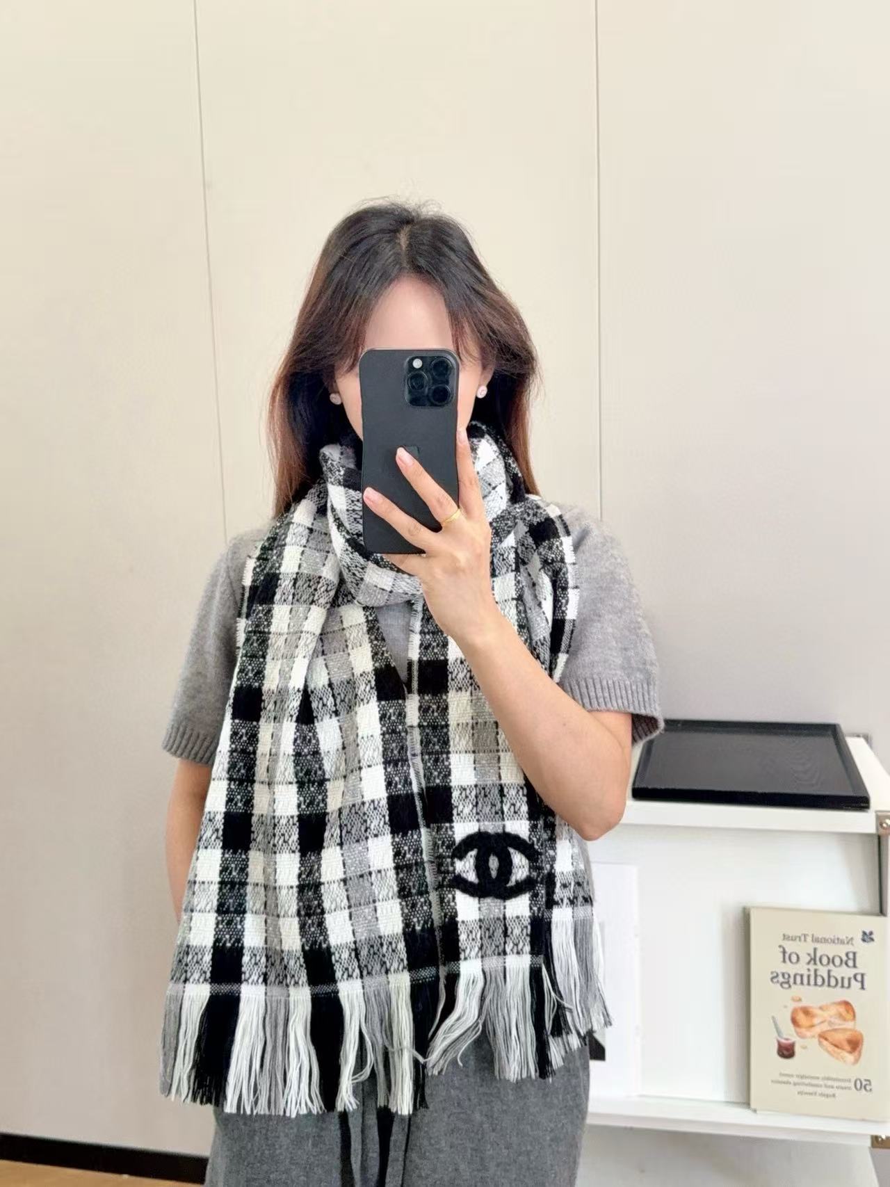 CHANE1 秋冬 ダブルC 千鳥格子 タッセル スカーフ【50％割引+送料無料】