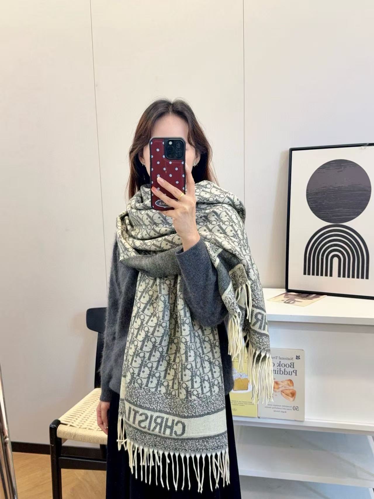 DI0R ジャカードタッセル カシミアスカーフ【50％割引+送料無料】