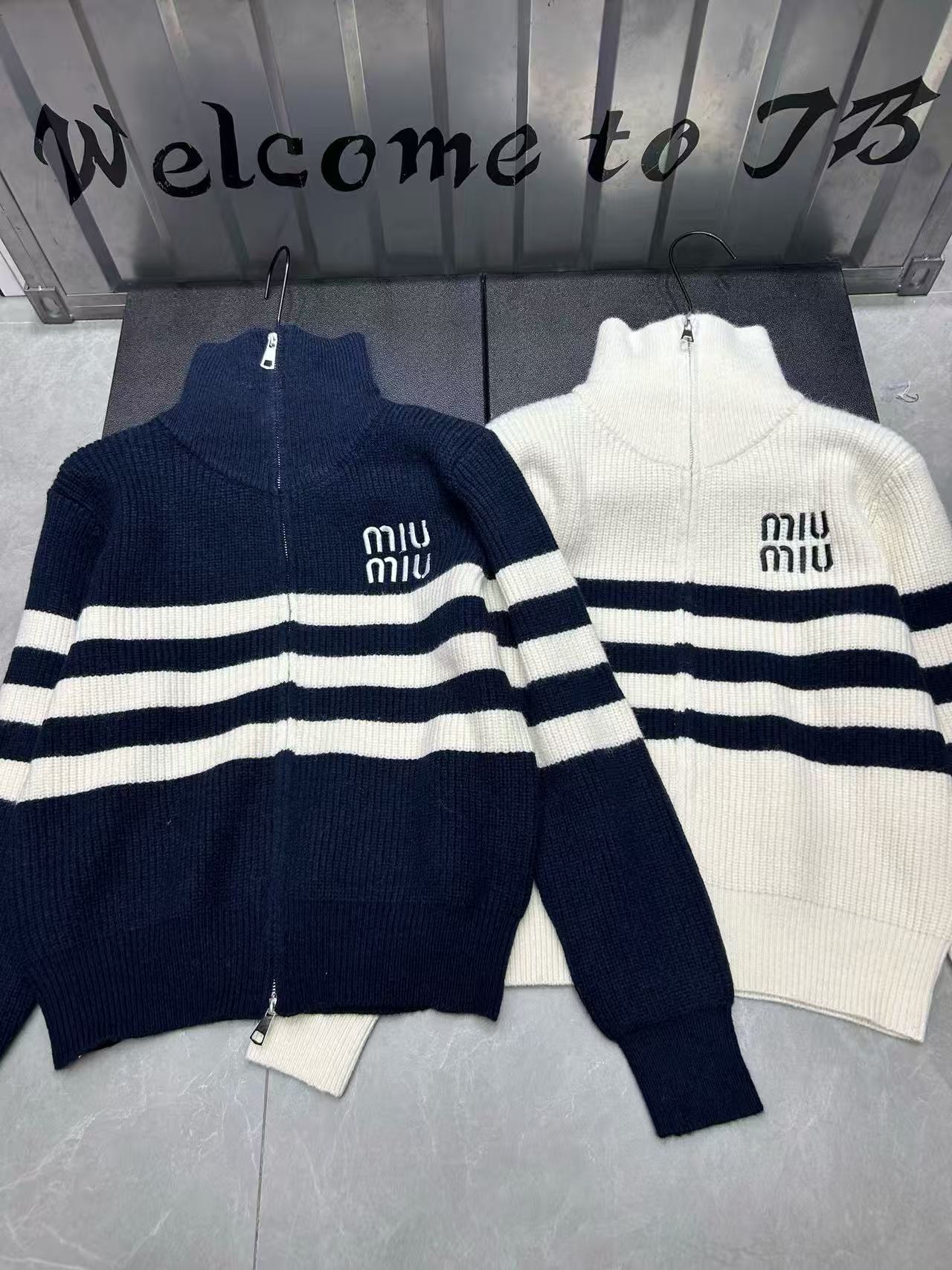 M1UM1U ストライプ ジッパー ウール カーディガン【50％割引+送料無料】