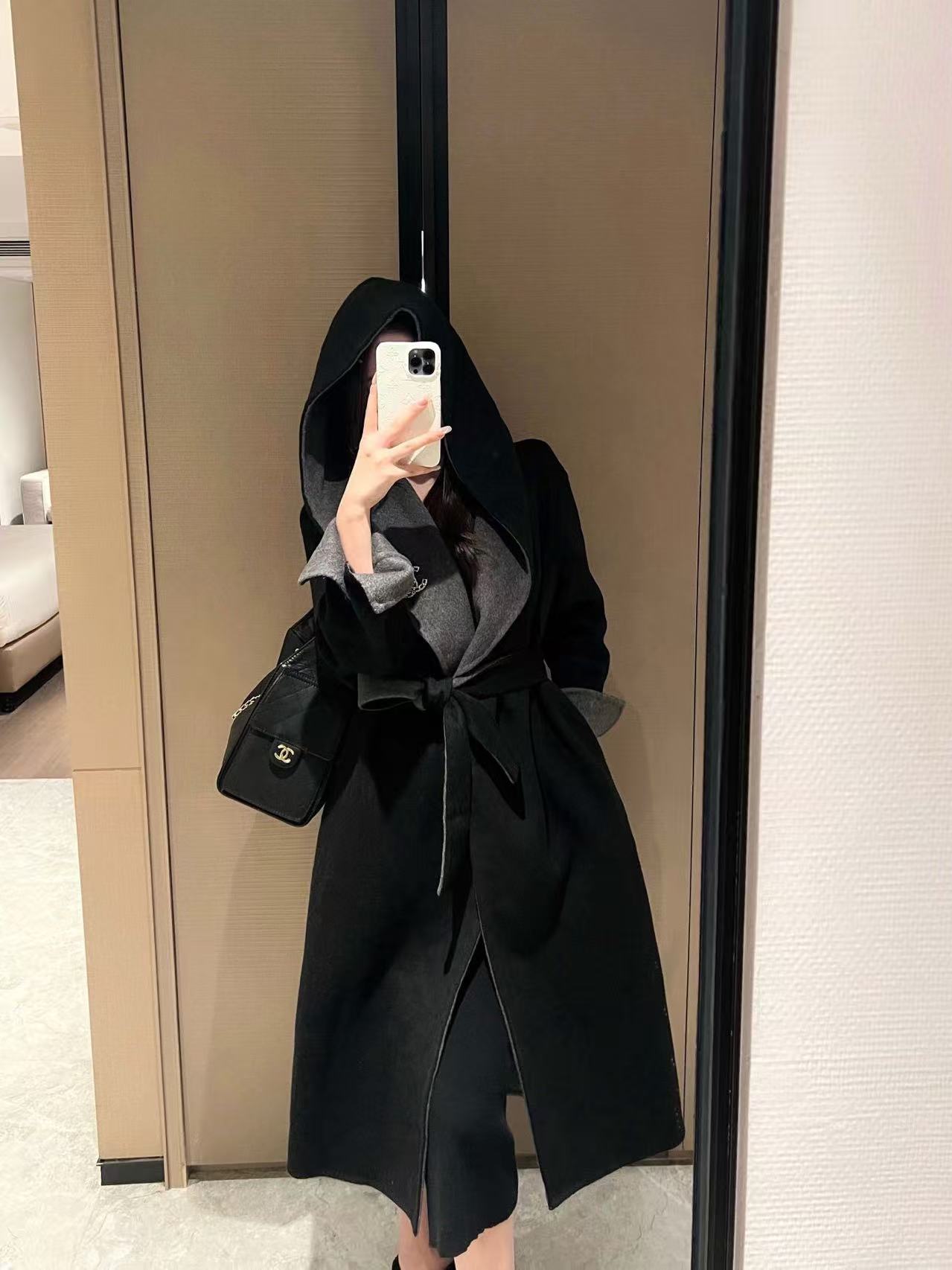 CHANE1 ブローチ付きフード付きカシミアコート【50％割引+送料無料】