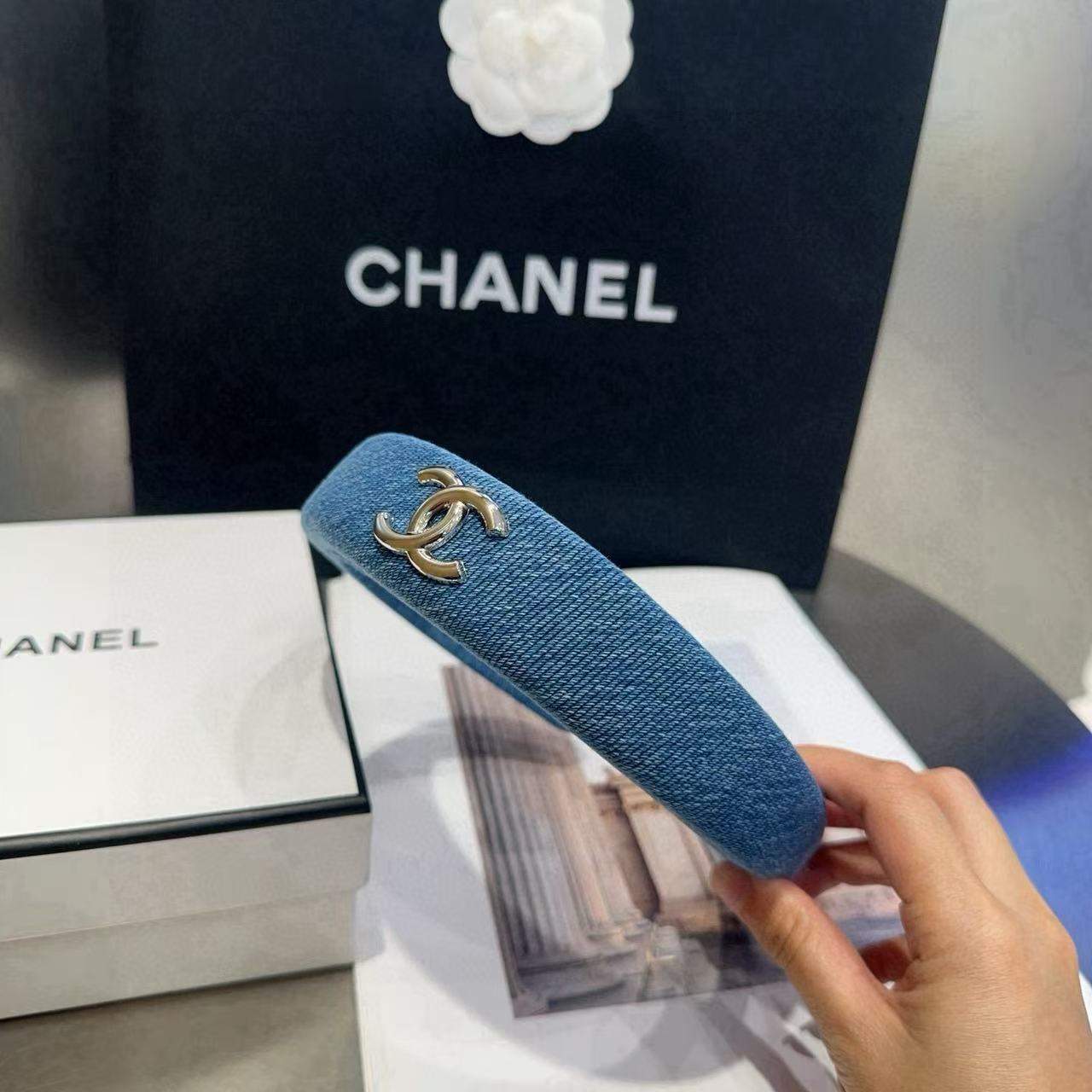 CHANE1 ダブルC ブルーヘッドバンド【50％割引+送料無料】