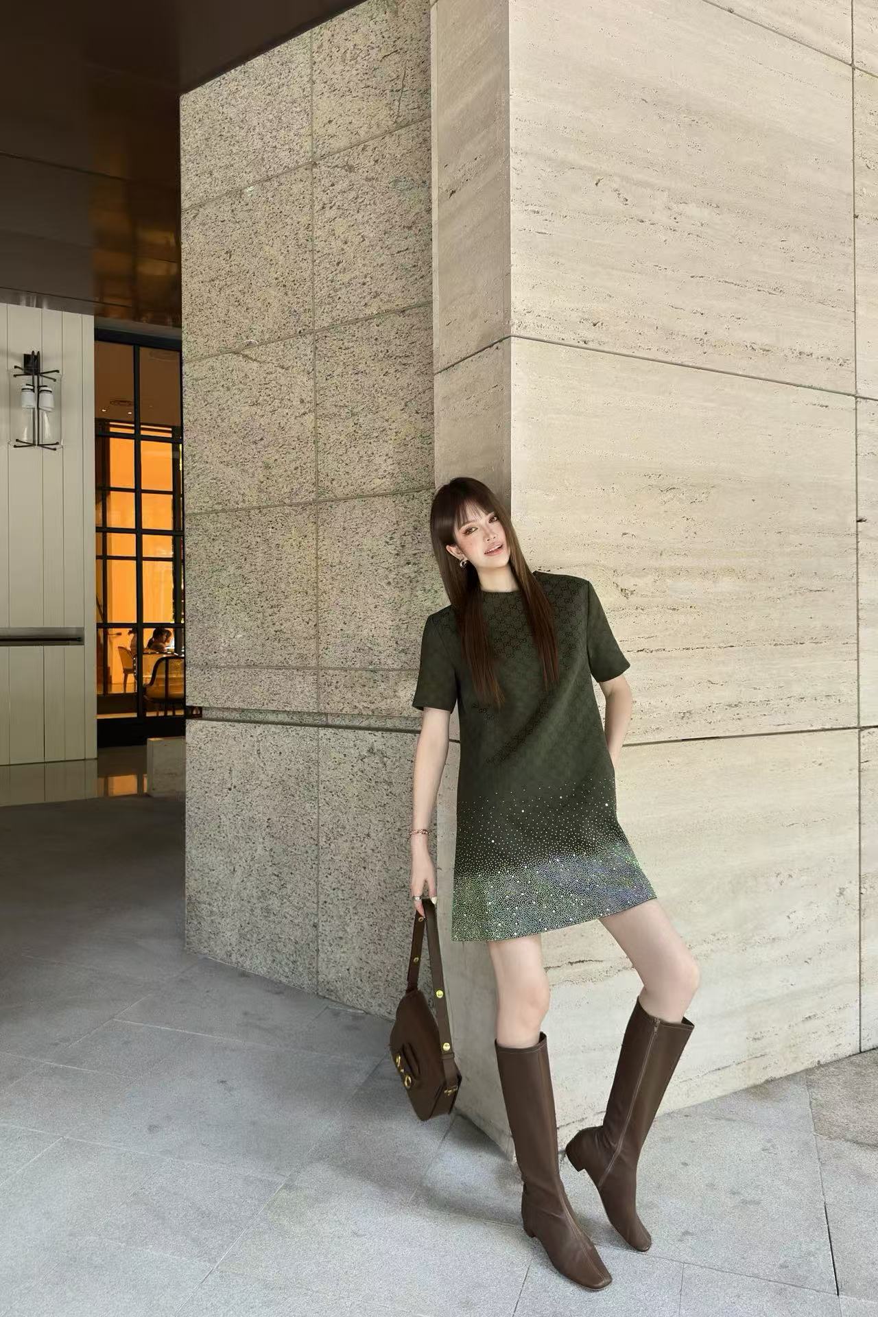 GUCC1 ホットダイヤモンドジャカード半袖ドレス【50％割引+送料無料】