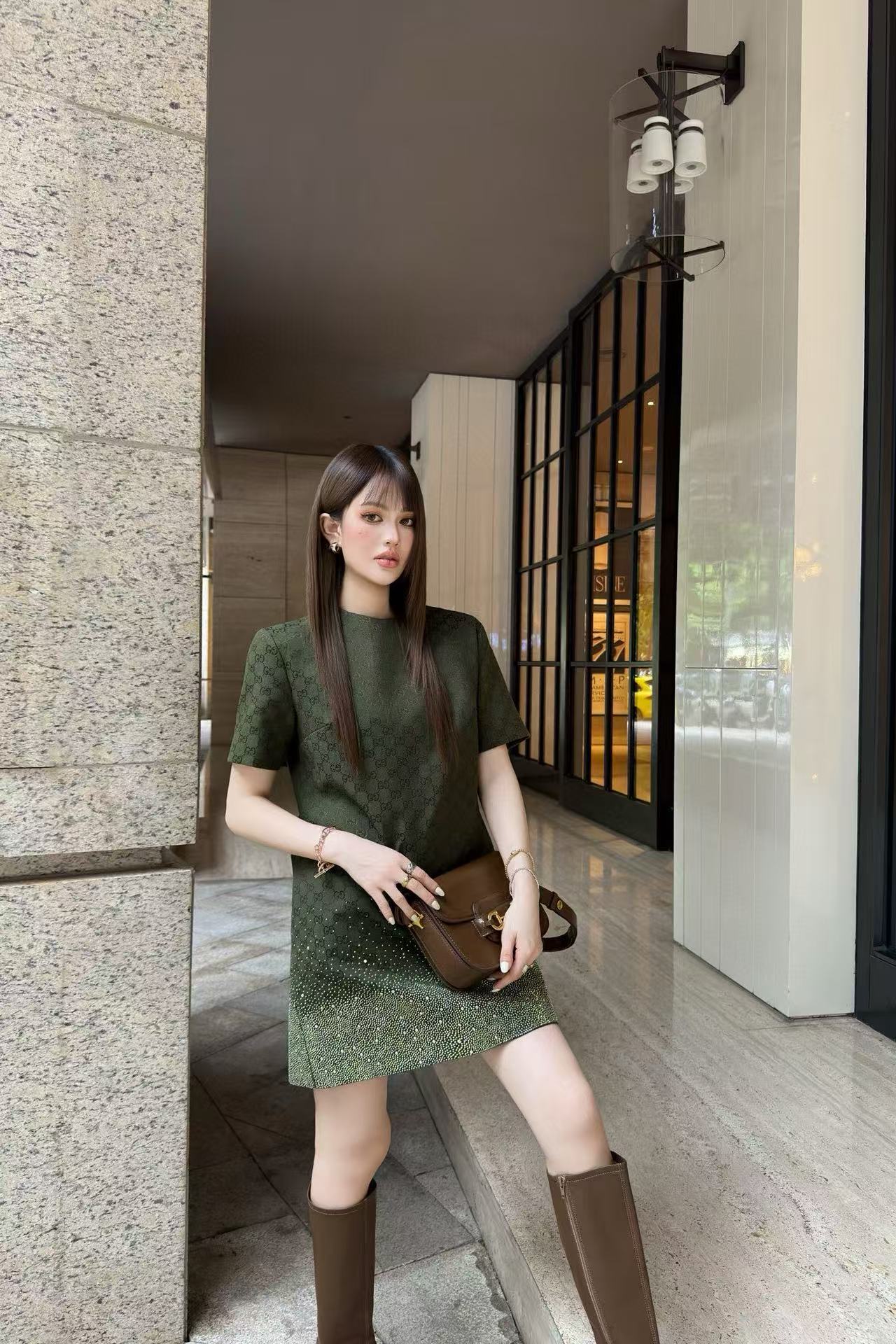 GUCC1 ホットダイヤモンドジャカード半袖ドレス【50％割引+送料無料】