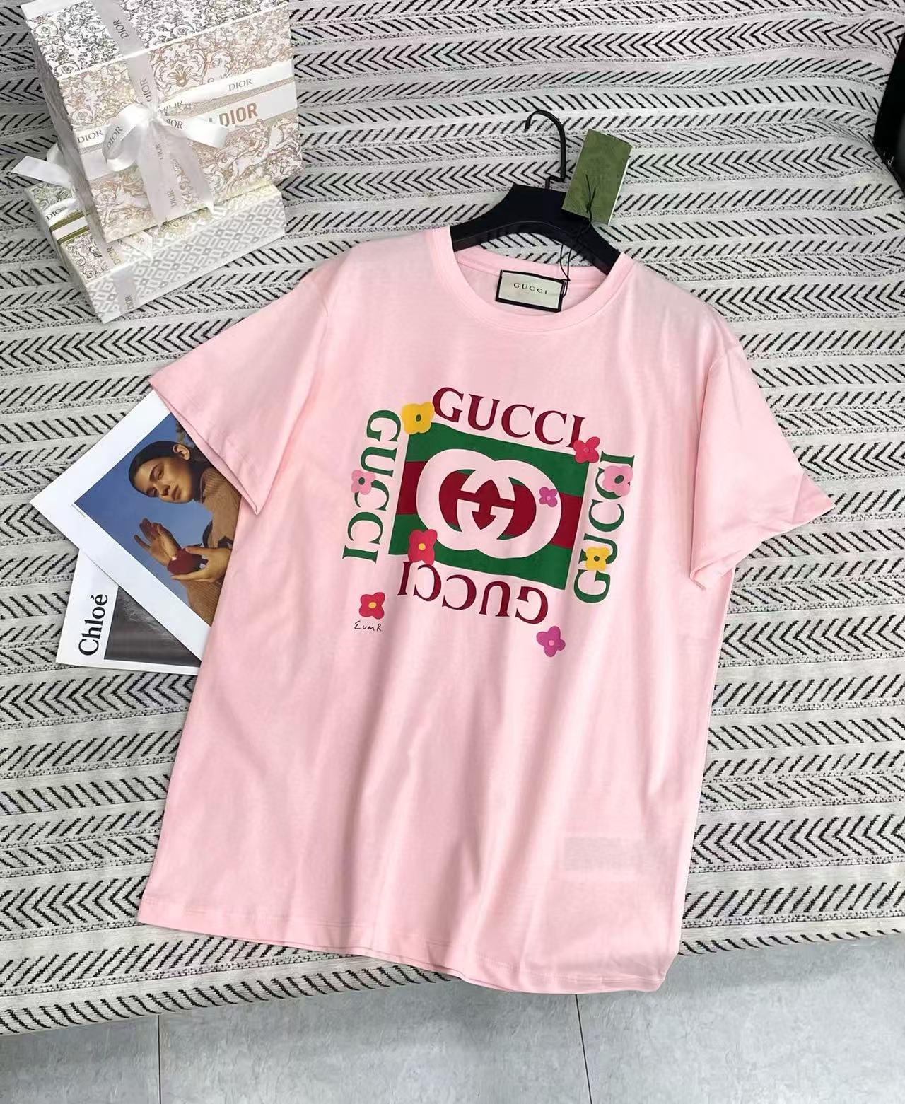 GUCC1 フローラル ダブルG レタープリント Tシャツ【50％割引+送料無料】