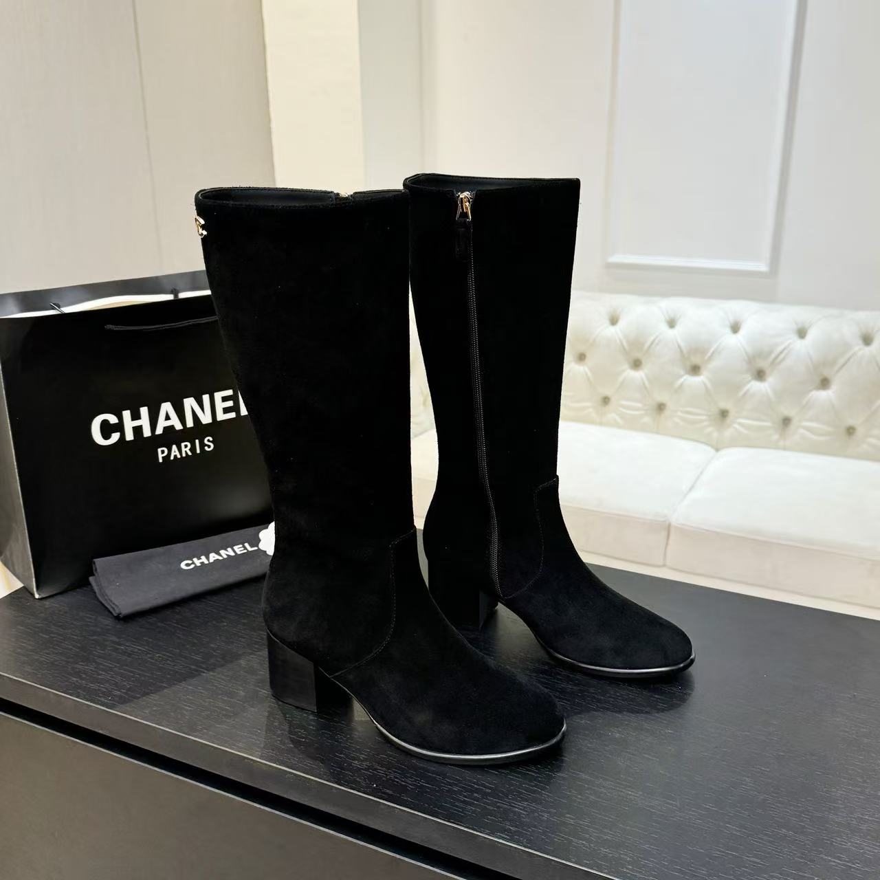 CHANE1 シンプルダブルC スエードハイヒールブーツ【50％割引+送料無料】