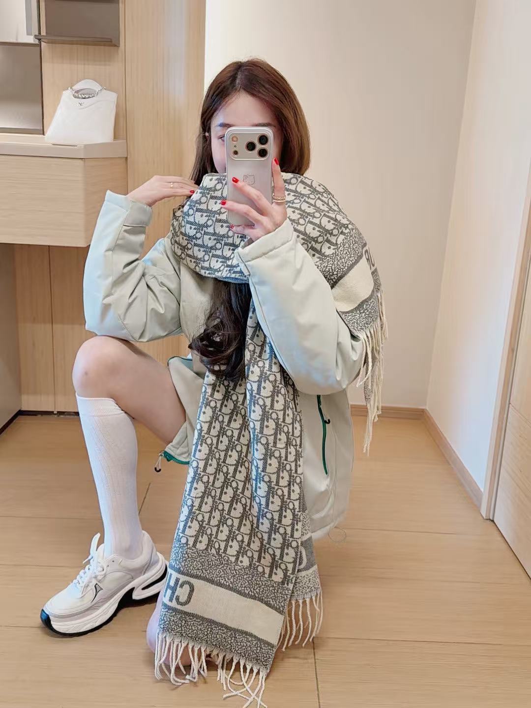 DIOR ジャカード カシミア タッセル スカーフ【50％割引+送料無料】