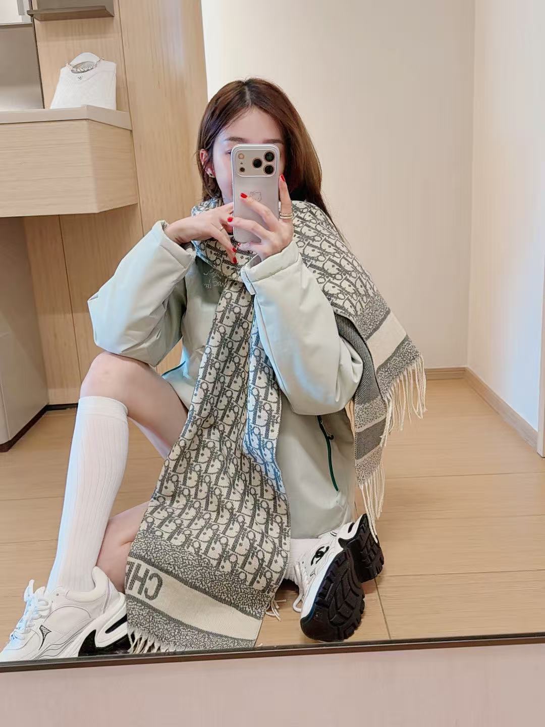 DIOR ジャカード カシミア タッセル スカーフ【50％割引+送料無料】