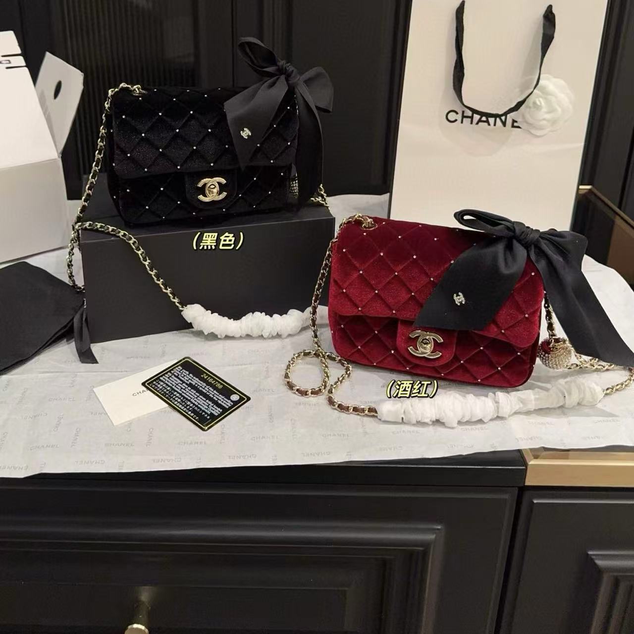 CHANE1ベルベットチェーンラインストーンボールチェーンバッグ【50％割引+送料無料】