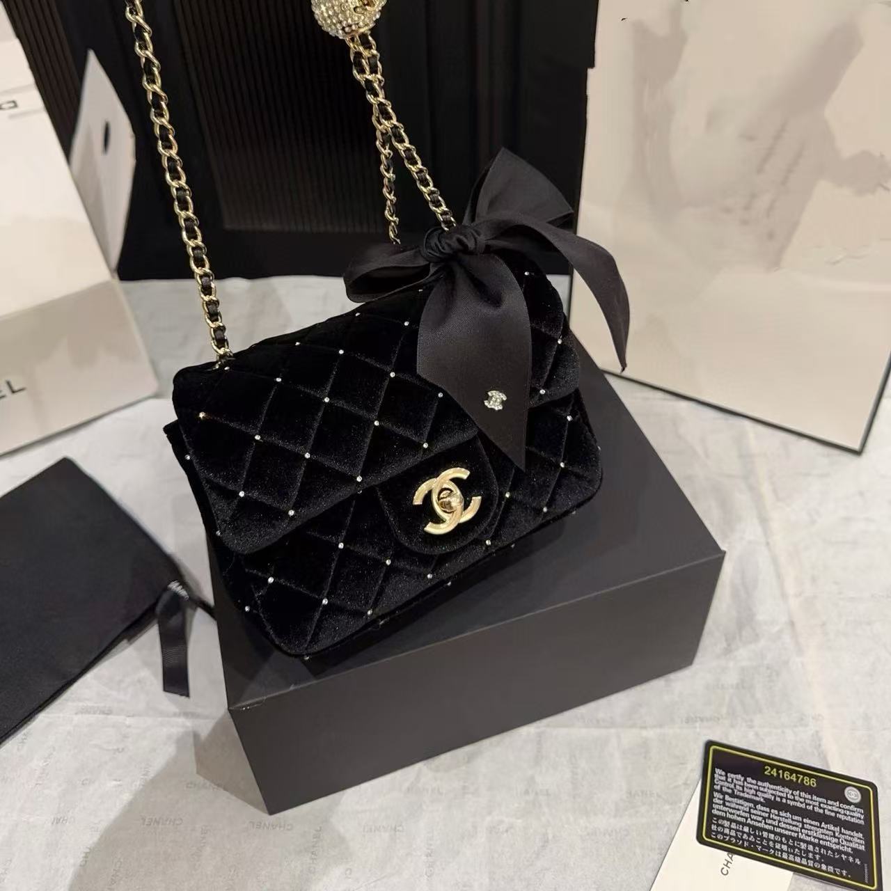 CHANE1ベルベットチェーンラインストーンボールチェーンバッグ【50％割引+送料無料】