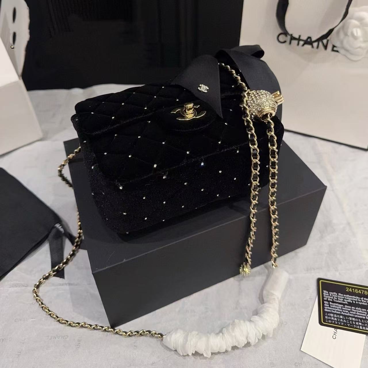 CHANE1ベルベットチェーンラインストーンボールチェーンバッグ【50％割引+送料無料】