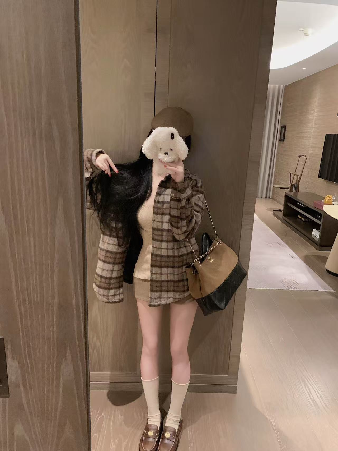 CHANE1 ダブルCチェックオーバーサイズシャツ【50％割引+送料無料】