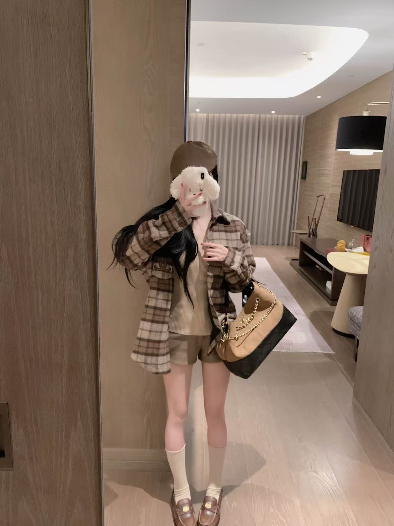 CHANE1 ダブルCチェックオーバーサイズシャツ【50％割引+送料無料】