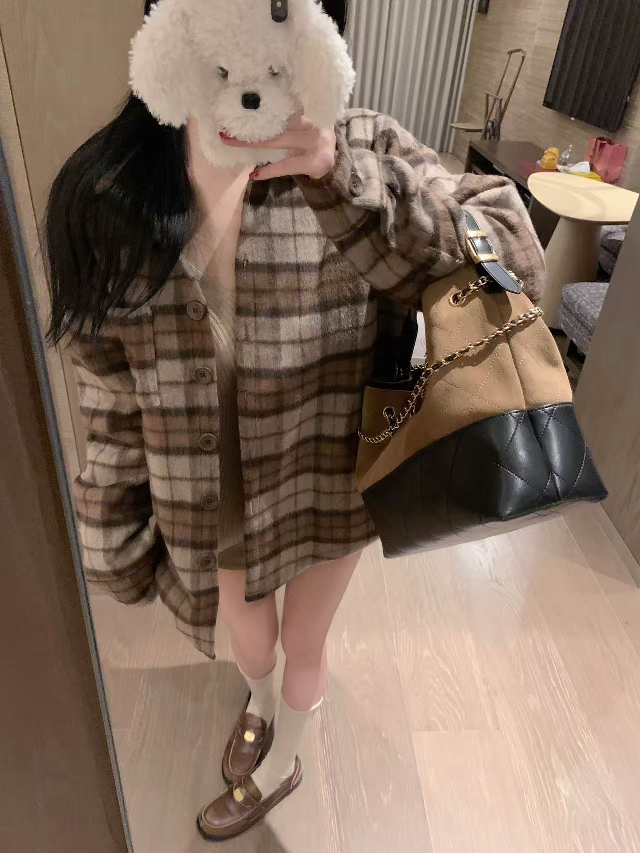 CHANE1 ダブルCチェックオーバーサイズシャツ【50％割引+送料無料】