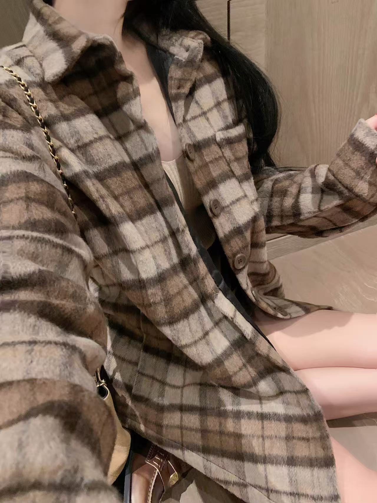 CHANE1 ダブルCチェックオーバーサイズシャツ【50％割引+送料無料】