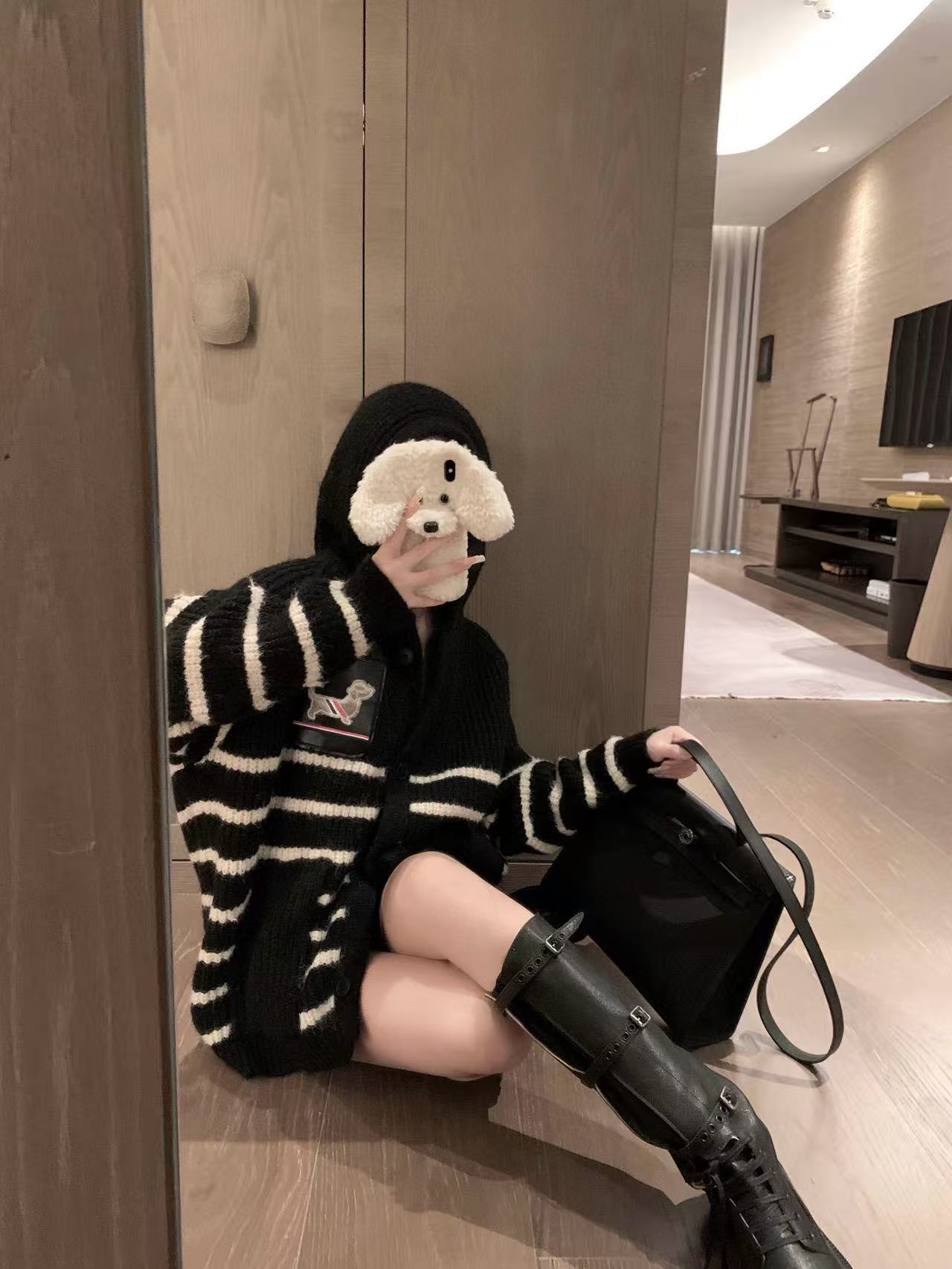 THOM BR0WNE ストライプ フード付きウールカーディガン【50％割引+送料無料】