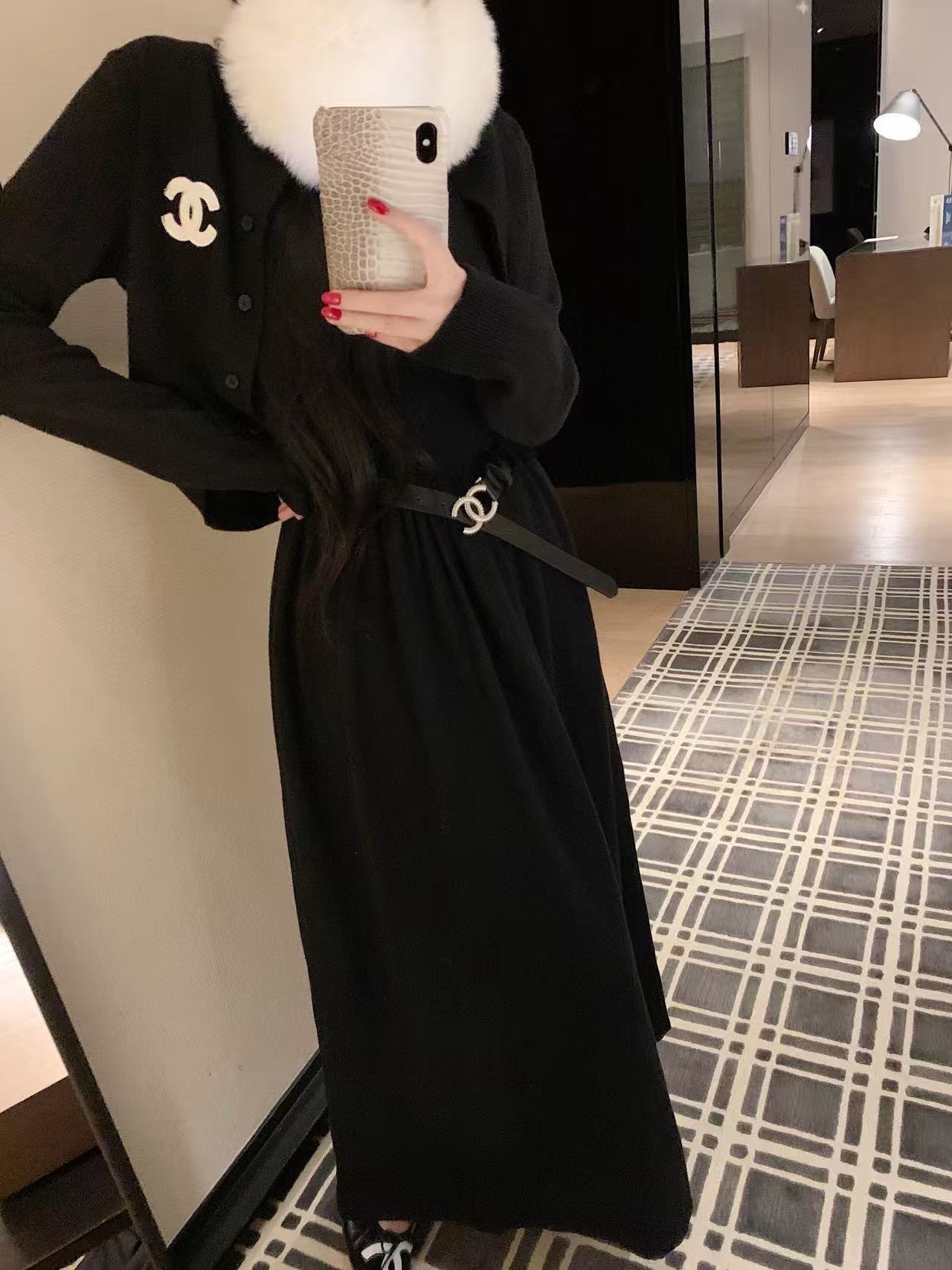 CHANE1 ダブルC ウールカーディガン＋ワンピース ツーピースセット【50％割引+送料無料】