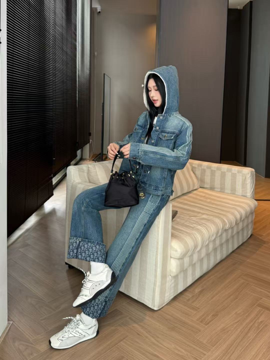 DIOR フード付きデニムジャケット + パンツ ツーピースセット【50％割引+送料無料】