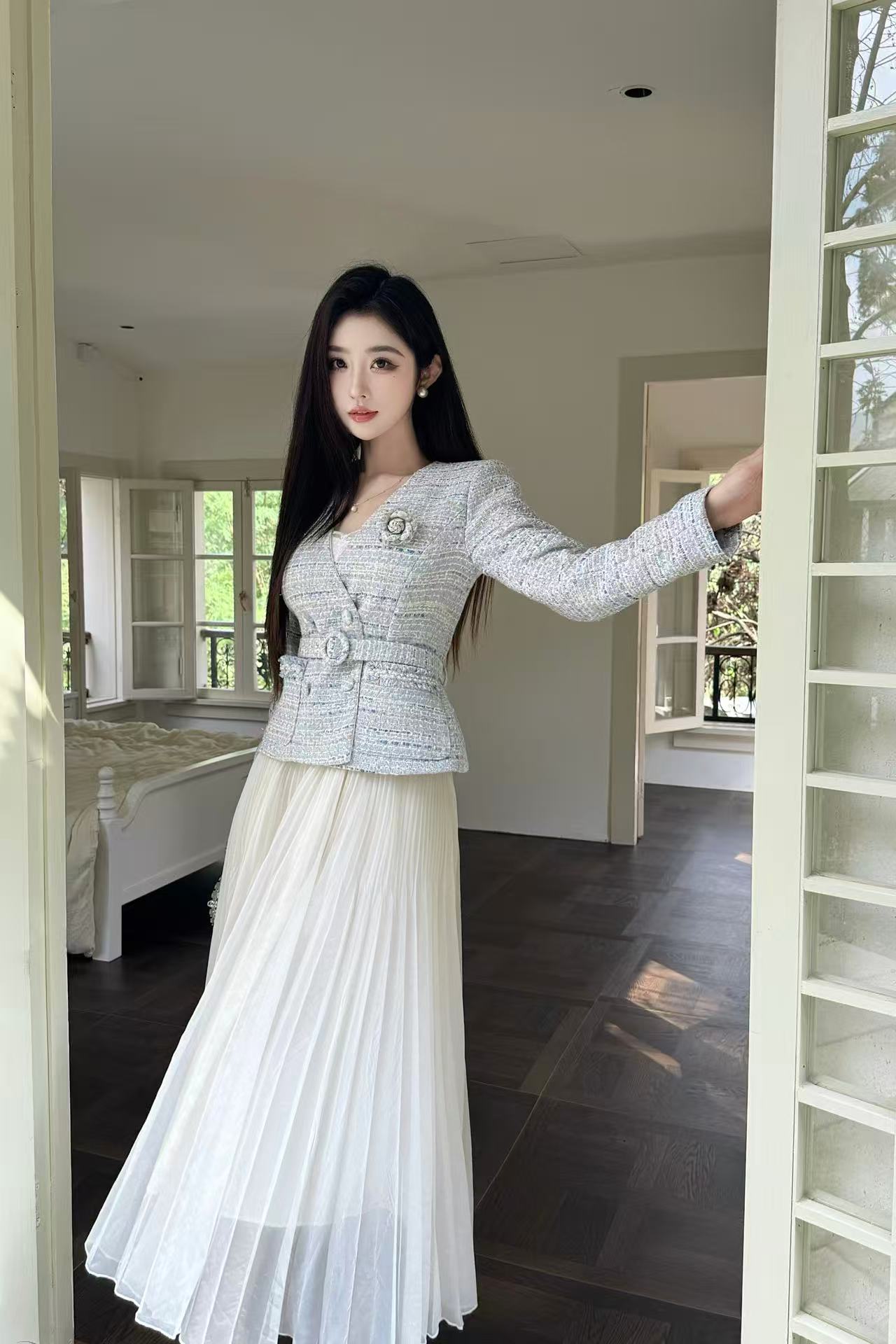 CHANE1 高級カメリアジャケット+スカート ツーピースセット【50％割引+送料無料】