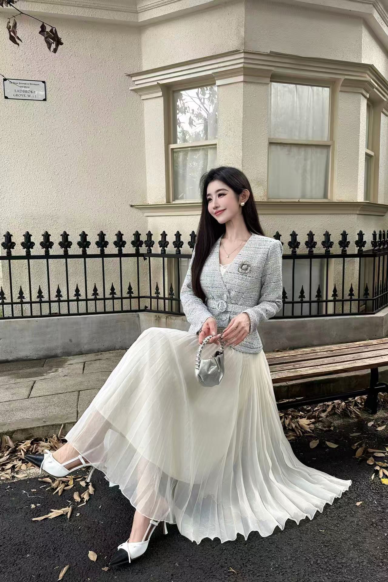 CHANE1 高級カメリアジャケット+スカート ツーピースセット【50％割引+送料無料】