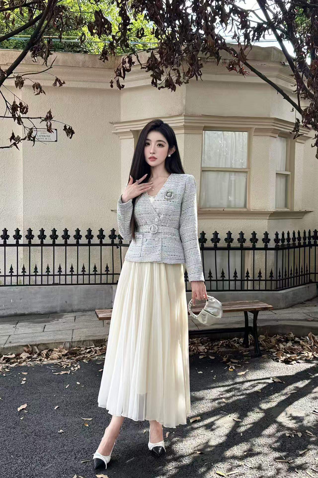 CHANE1 高級カメリアジャケット+スカート ツーピースセット【50％割引+送料無料】