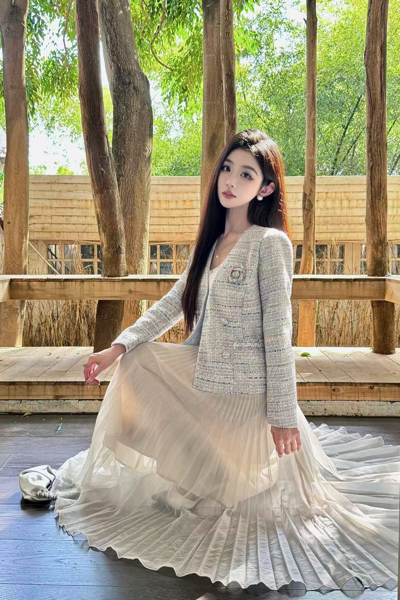 CHANE1 高級カメリアジャケット+スカート ツーピースセット【50％割引+送料無料】