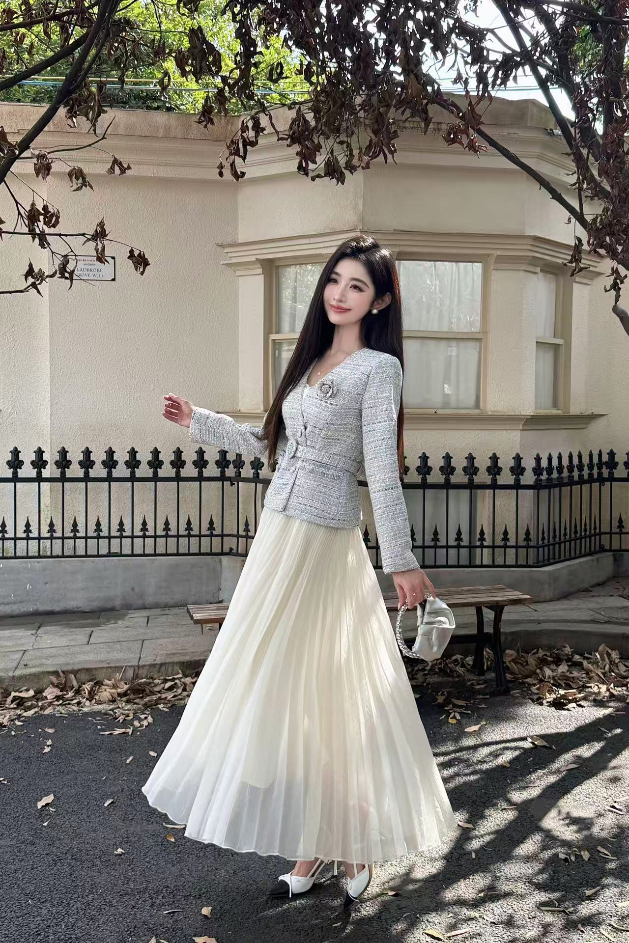 CHANE1 高級カメリアジャケット+スカート ツーピースセット【50％割引+送料無料】