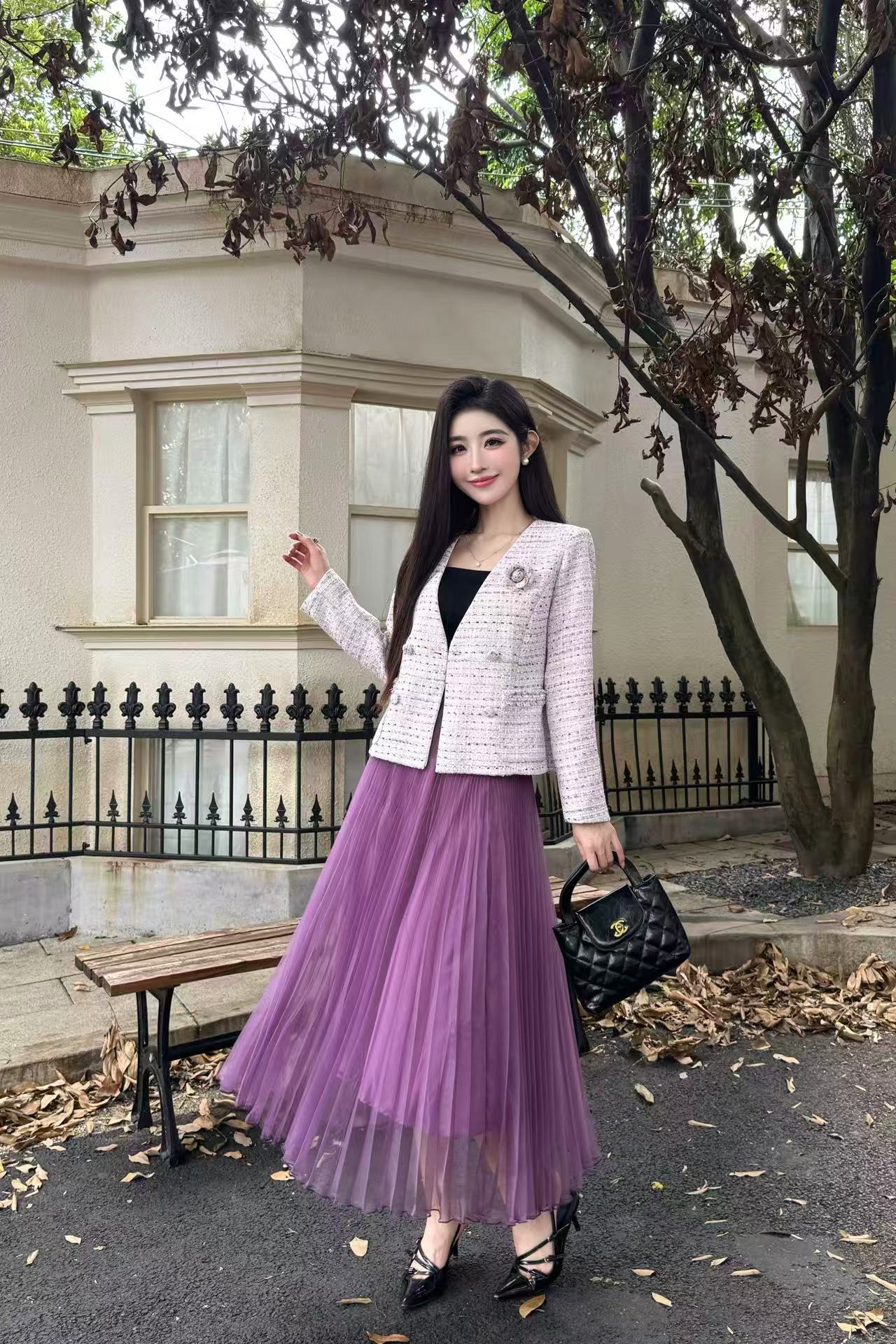 CHANE1 高級カメリアジャケット+スカート ツーピースセット【50％割引+送料無料】