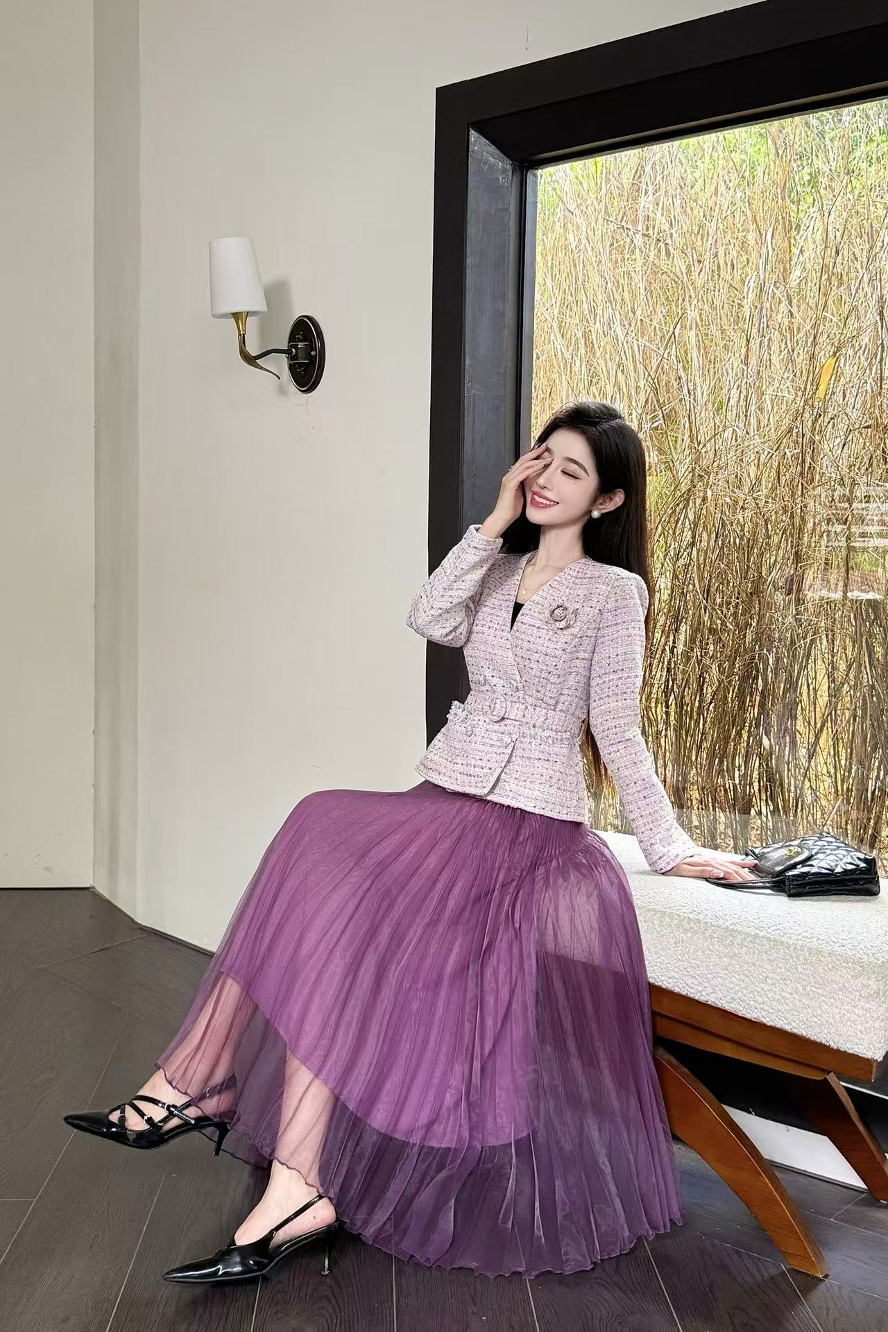 CHANE1 高級カメリアジャケット+スカート ツーピースセット【50％割引+送料無料】